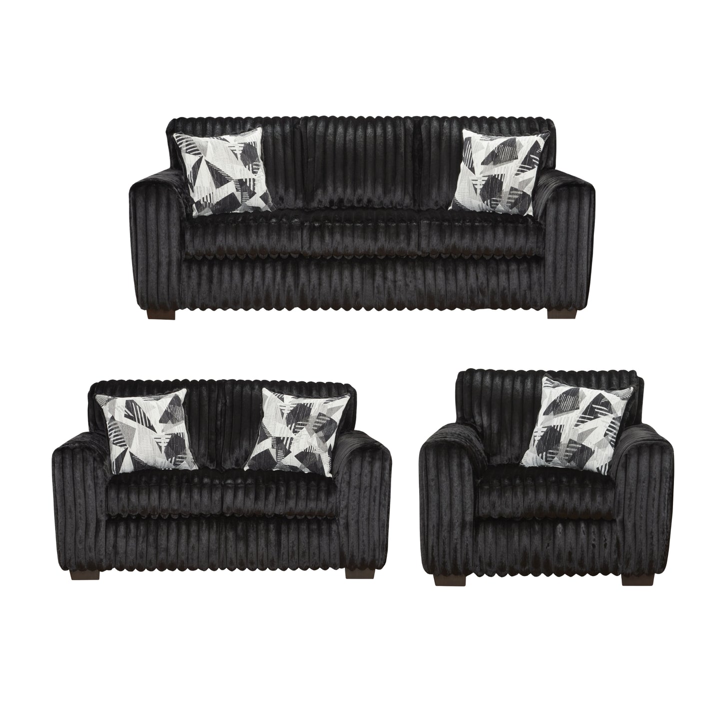 Roundhill Furniture Nolan 3-Piece Living Room Set, Sofa Loveseat and Chair, Lush Black