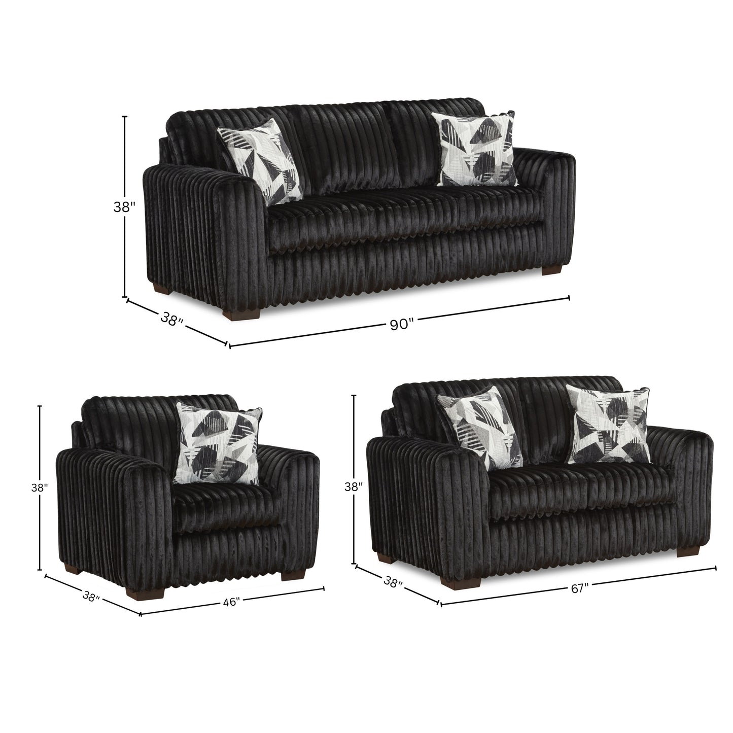 Roundhill Furniture Nolan 3-Piece Living Room Set, Sofa Loveseat and Chair, Lush Black