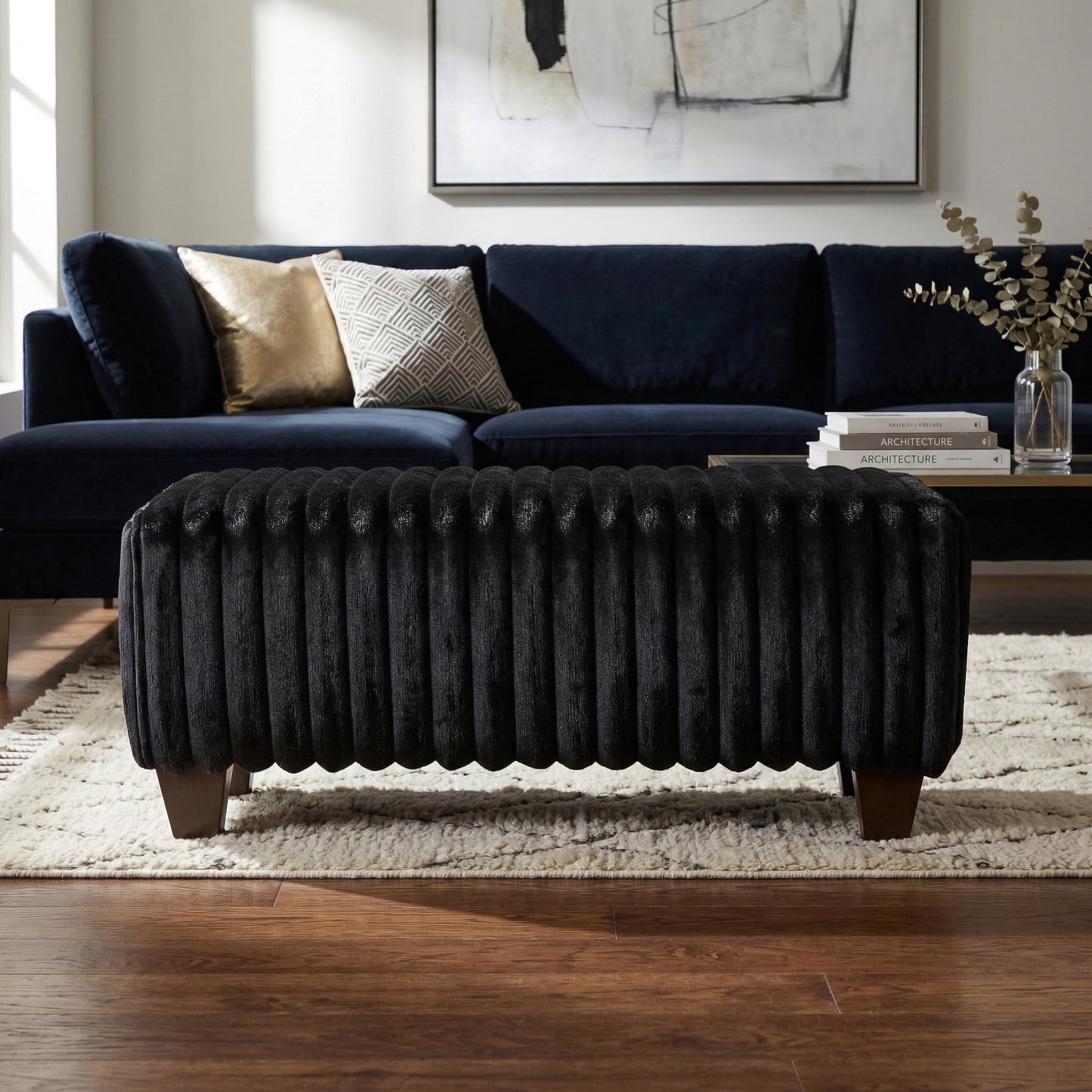Roundhill Furniture Nolan Contemporary Upholstered Cocktail Ottoman, Lush Black
