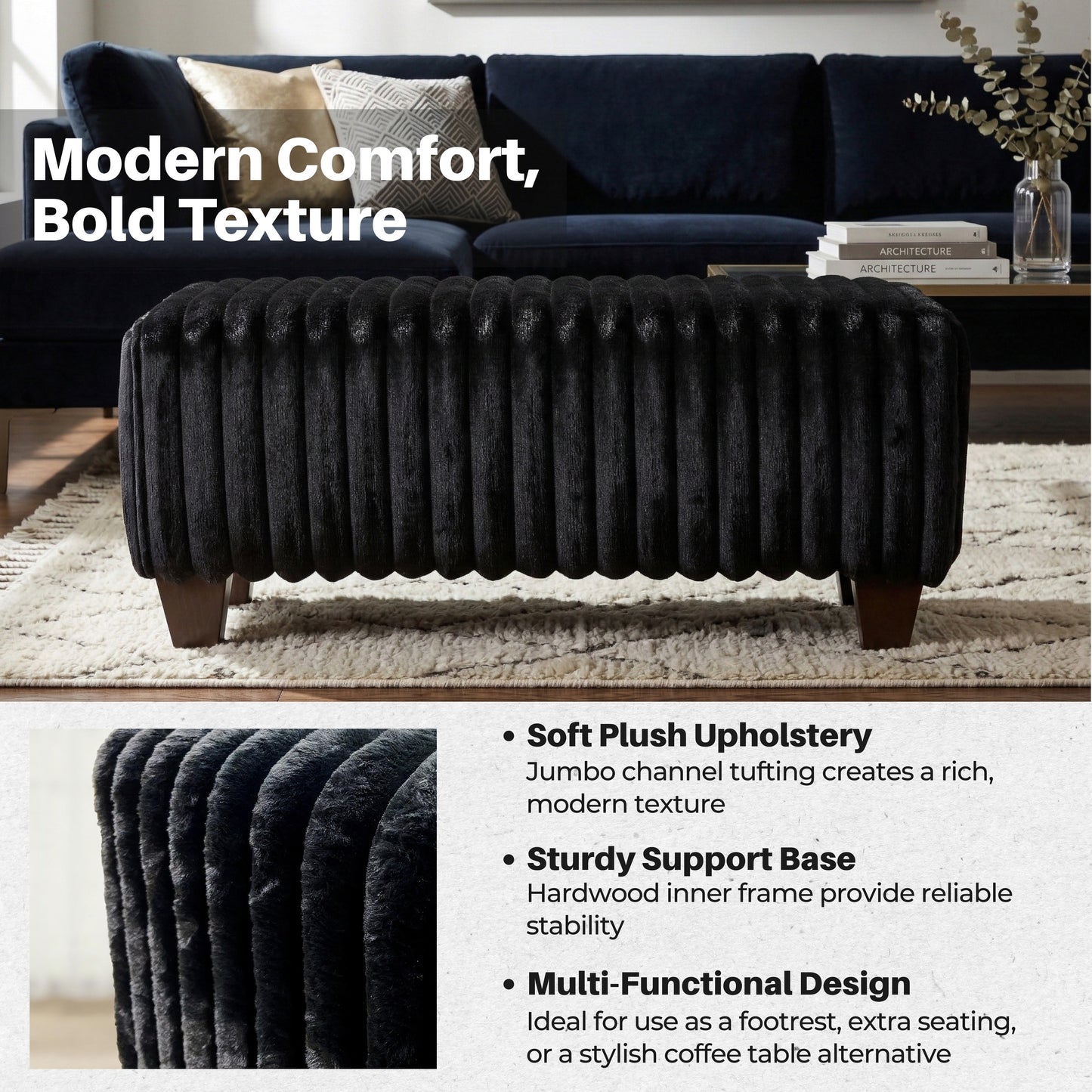 Roundhill Furniture Nolan Contemporary Upholstered Cocktail Ottoman, Lush Black