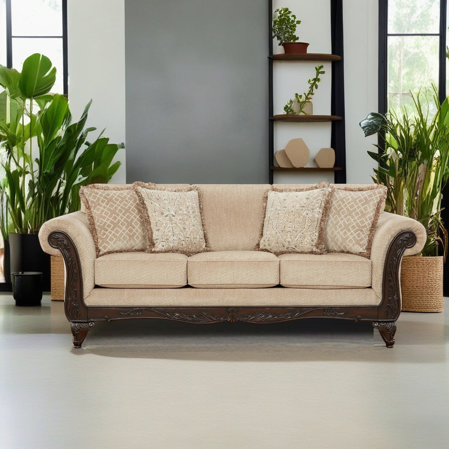 Hernen Carved Wood Frame Sofa