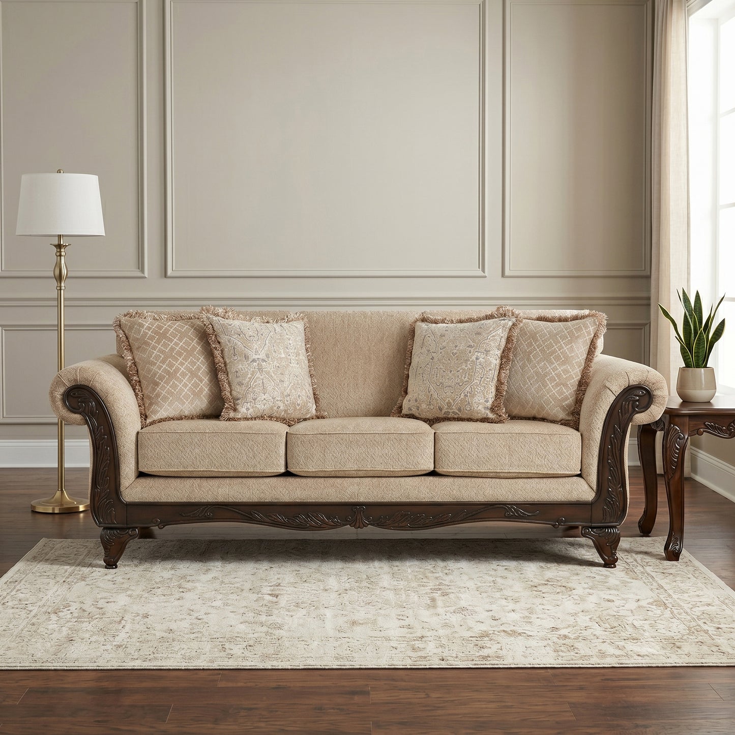 Hernen Carved Wood Frame Sofa