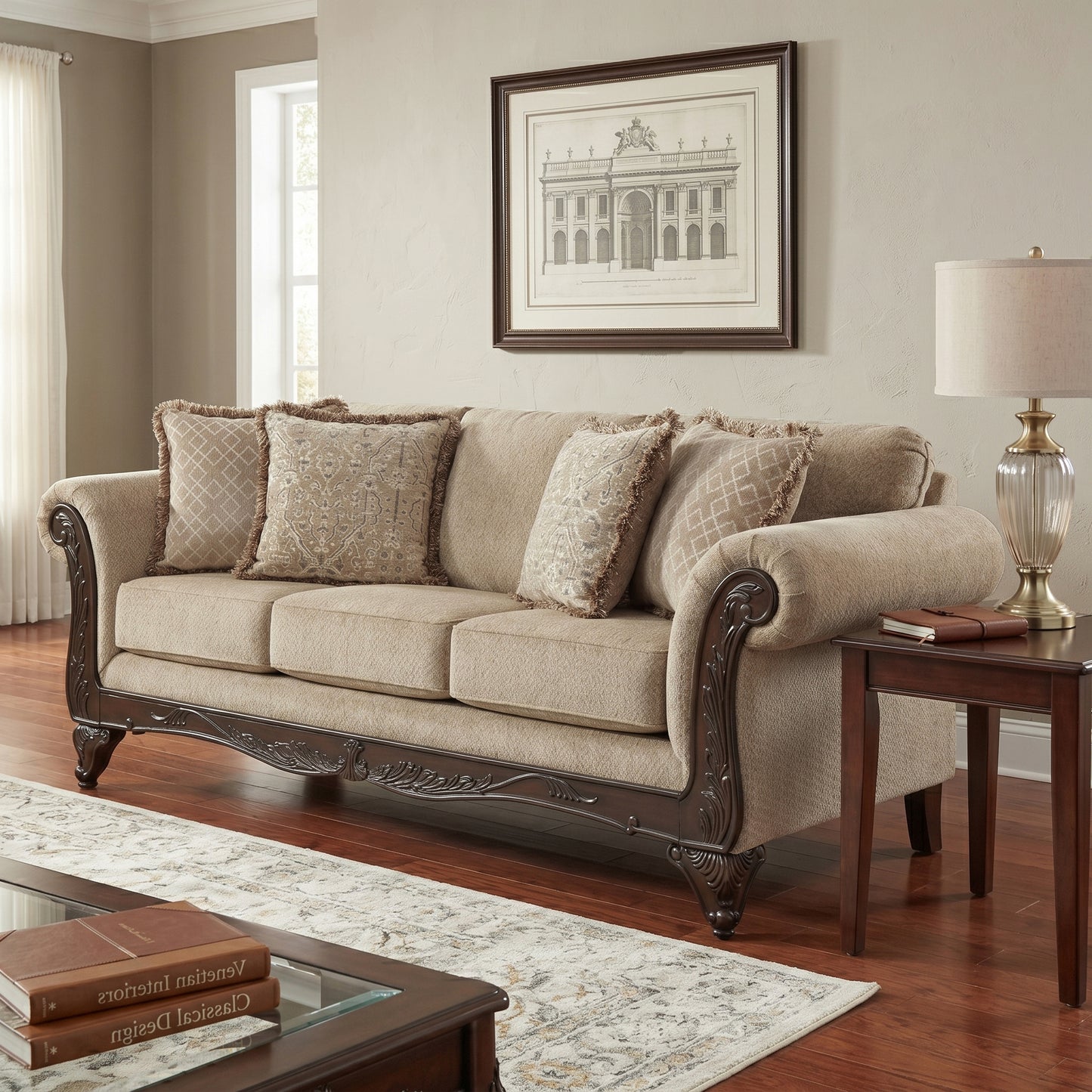 Hernen Carved Wood Frame Sofa