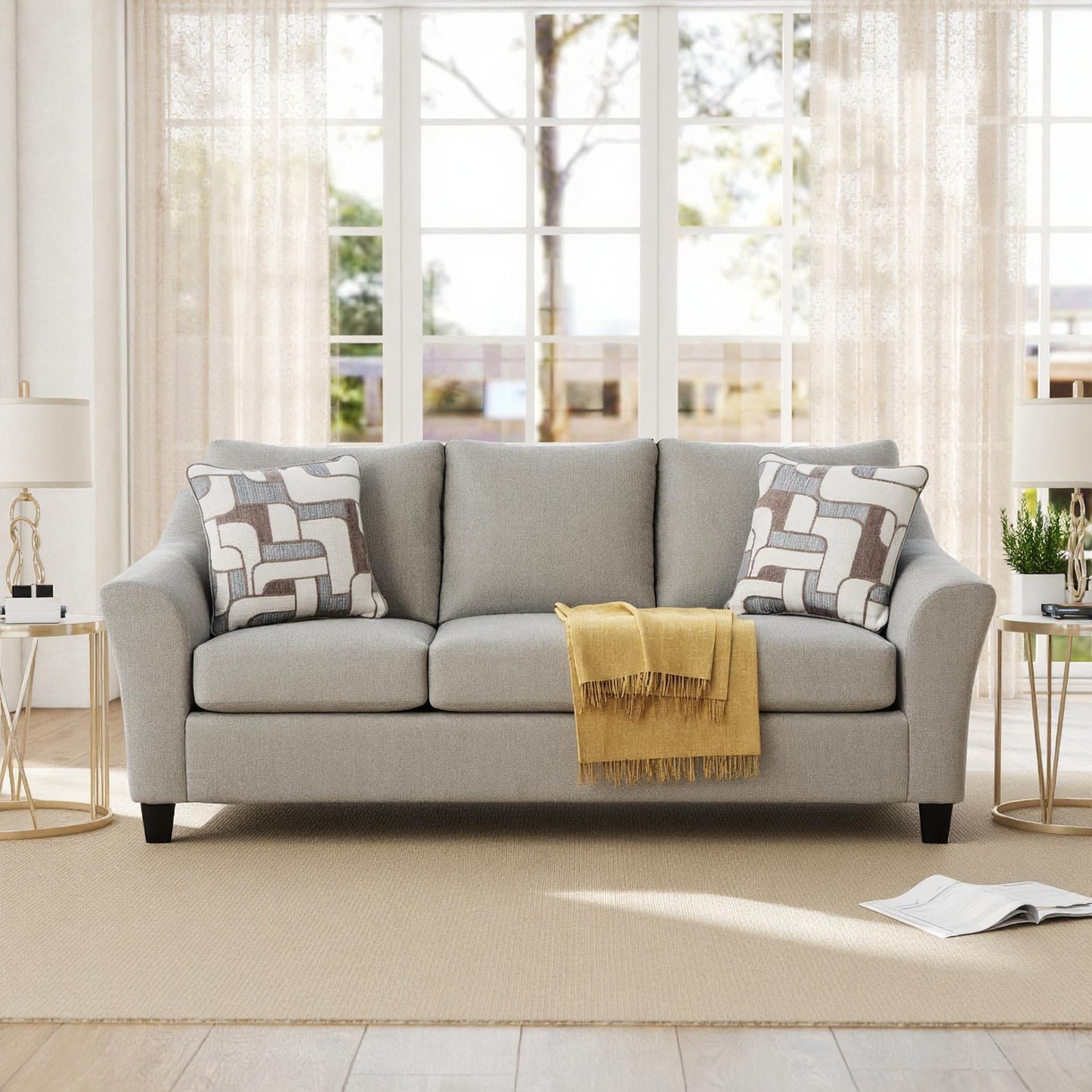 Roundhill Furniture Elaris Living Room Collection – Flared Arm Sofa and Loveseat with Chenille Upholstery, Taupe