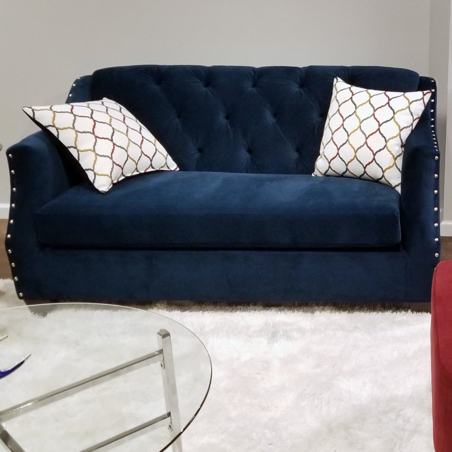 Moselle Transitional Modern Velvet Tufted Loveseat with Nainhead Trim, Blue