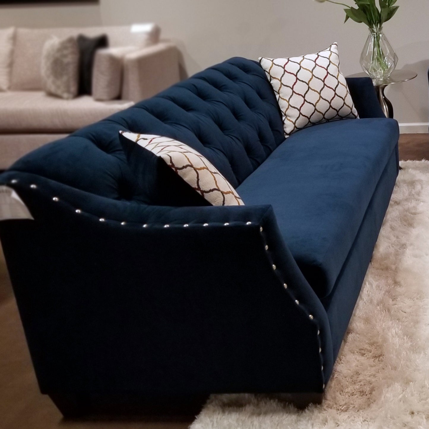 Moselle Transitional Modern Velvet Tufted Sofa with Nainhead Trim, Blue