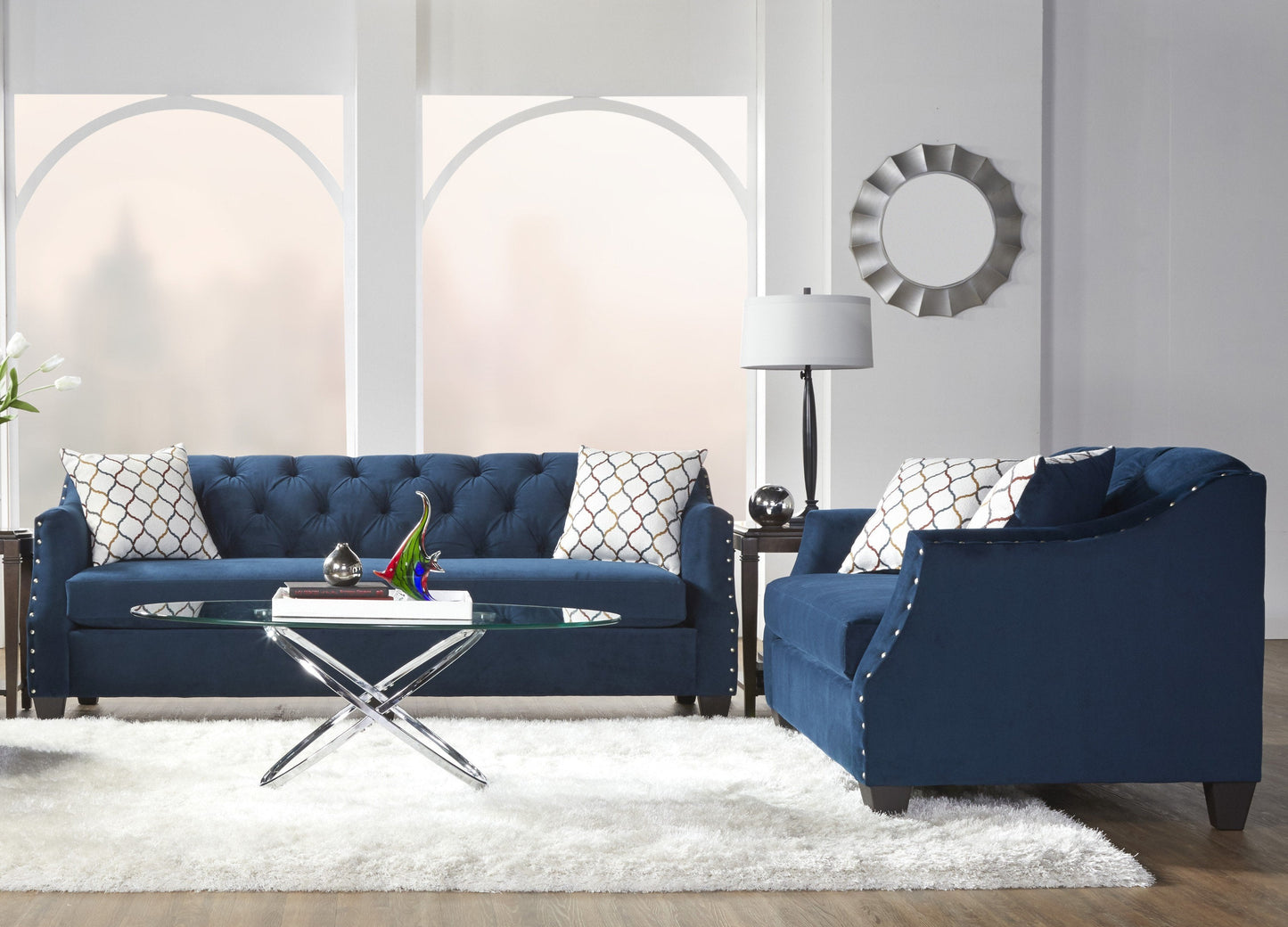 Moselle Transitional Modern Velvet Tufted Sofa with Nainhead Trim, Blue