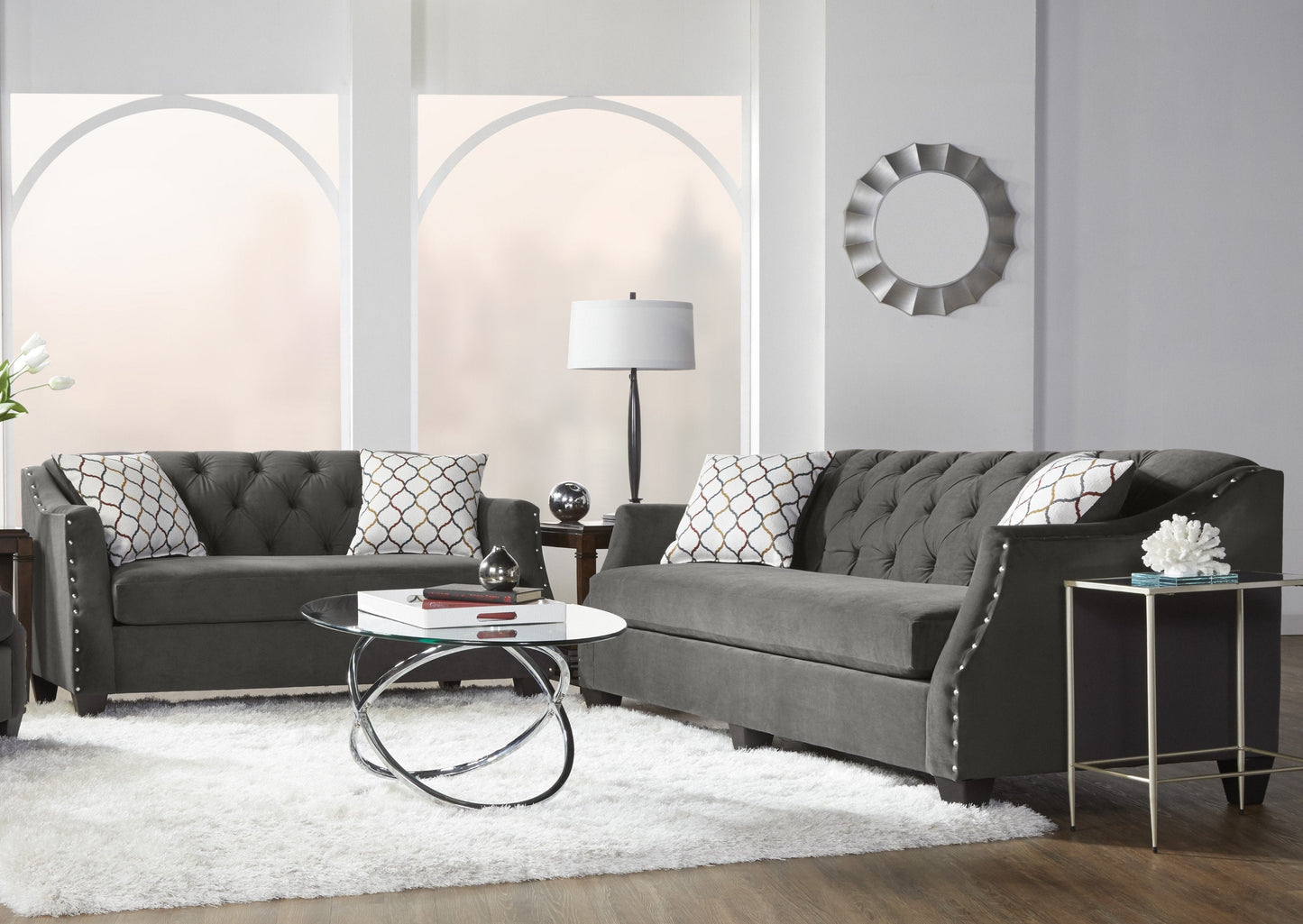 Moselle Transitional Modern Velvet Tufted Sofa with Nainhead Trim, Gray