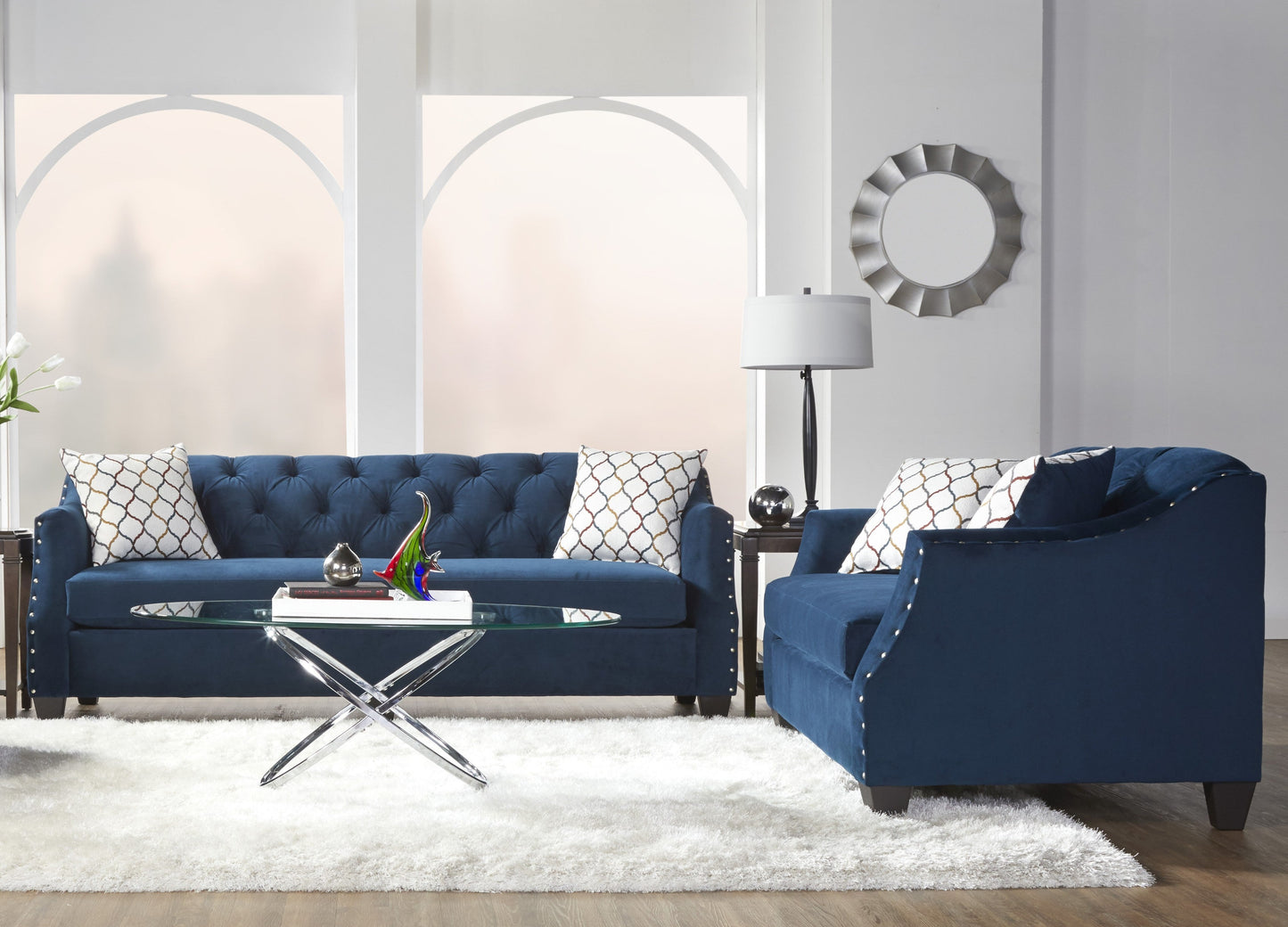 Moselle Transitional Modern Velvet Tufted Nailhead Trim Living Room Collection, Blue