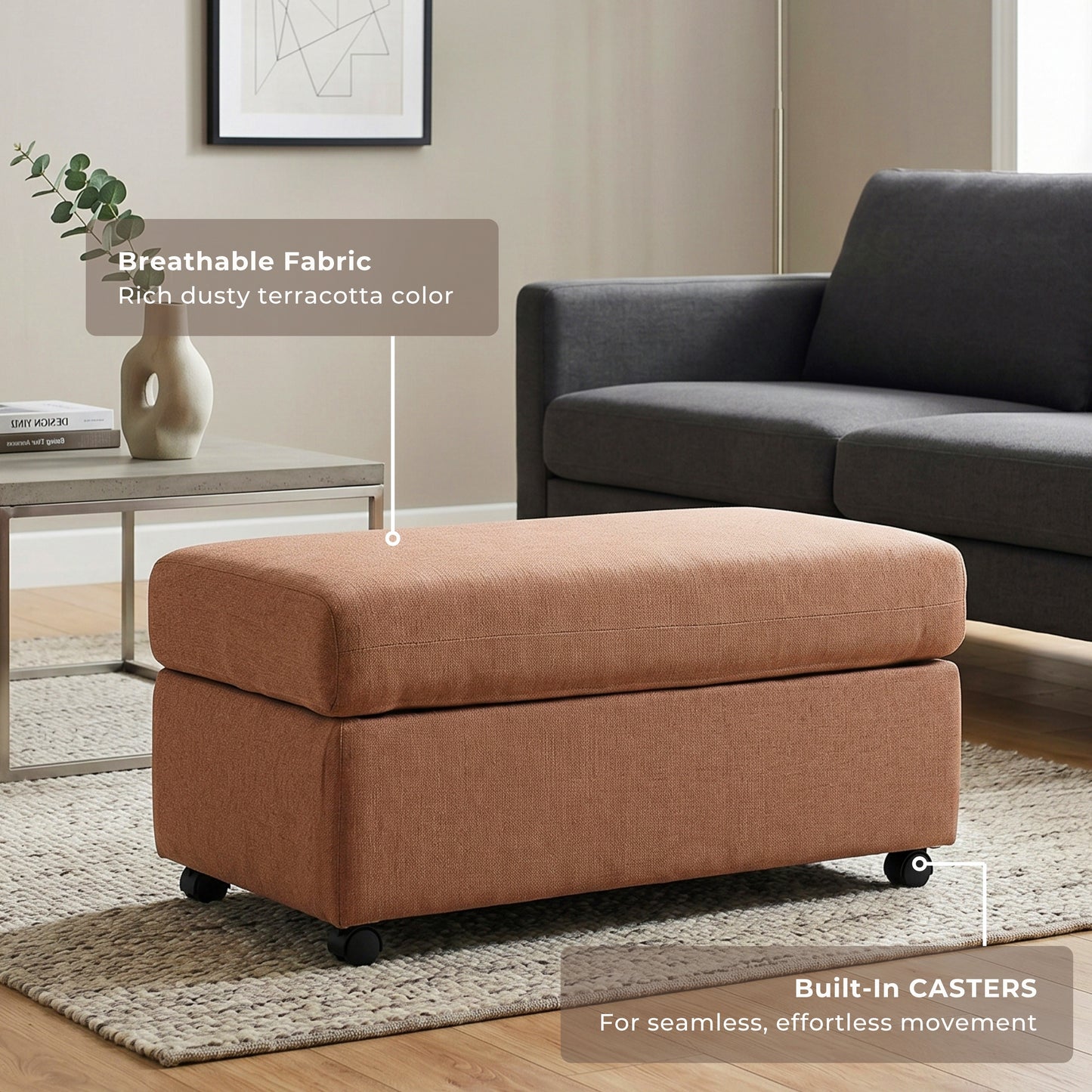 Roundhill Furniture Wilson Contemporary Upholstered Cocktail Ottoman with Casters