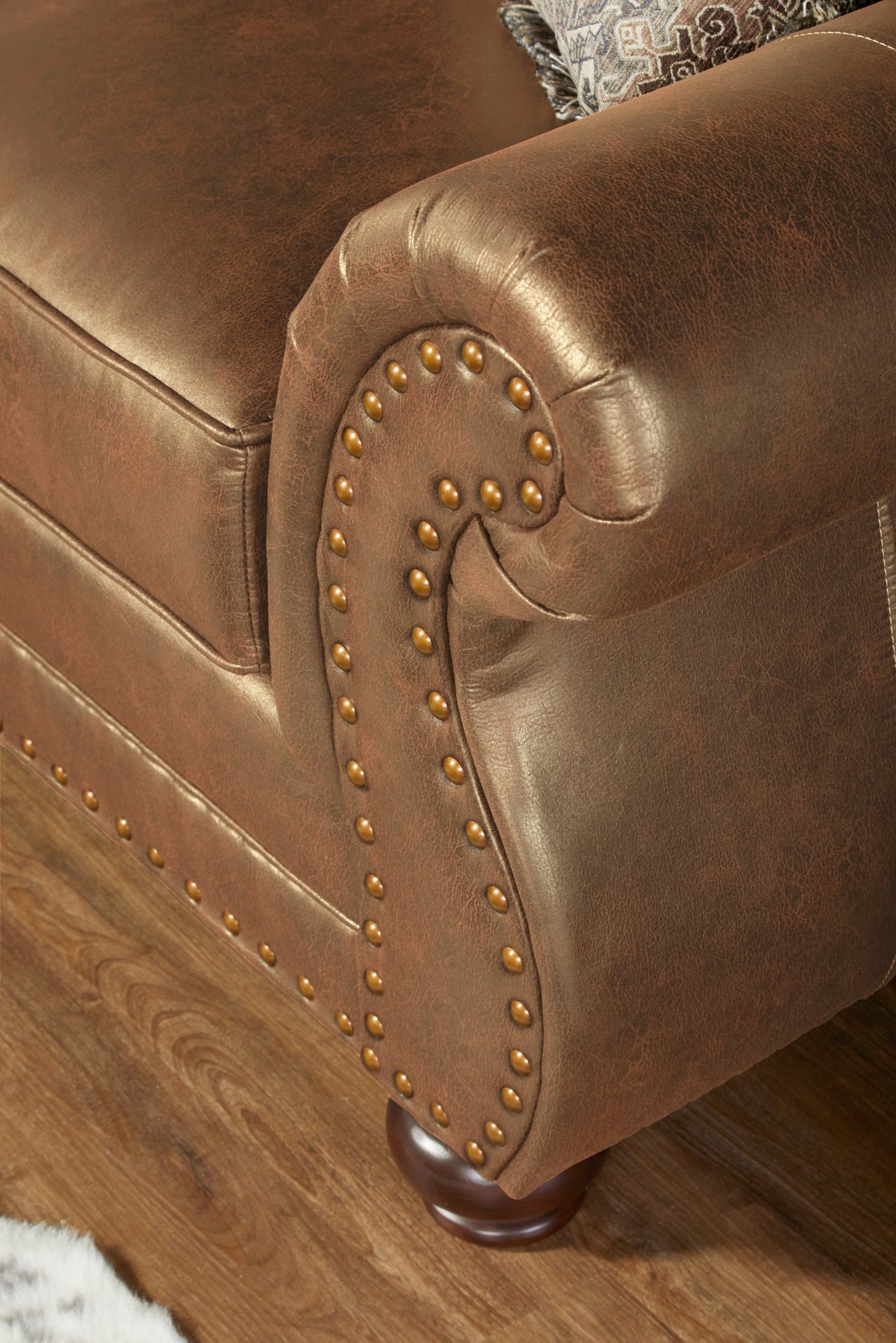 Leinster Faux Leather Armchair with Antique Bronze Nailheads in Jetson Ginger