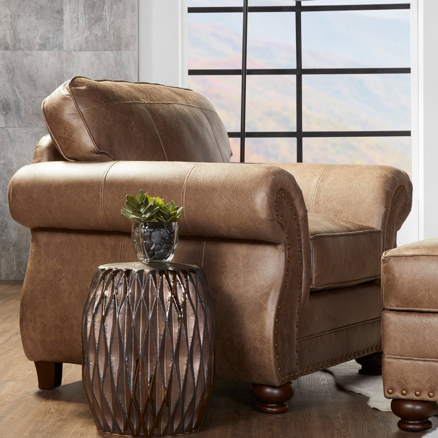 Leinster Faux Leather Armchair with Antique Bronze Nailheads in Jetson Ginger