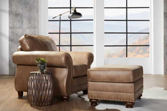 Leinster Faux Leather Arm Chair and Ottoman in Jetson Ginger