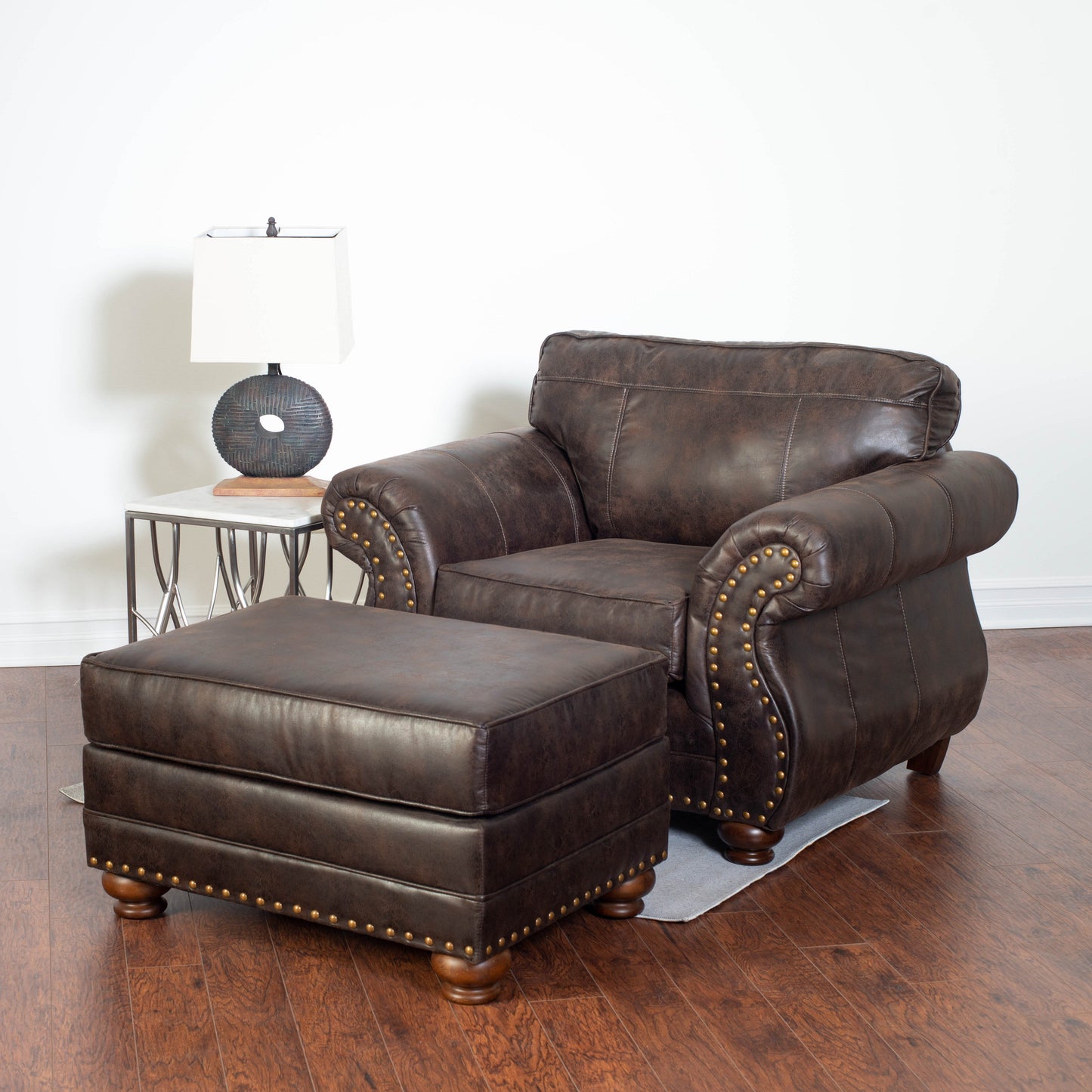 Leinster Faux Leather Upholstered Nailhead Chair and Ottoman in Espresso