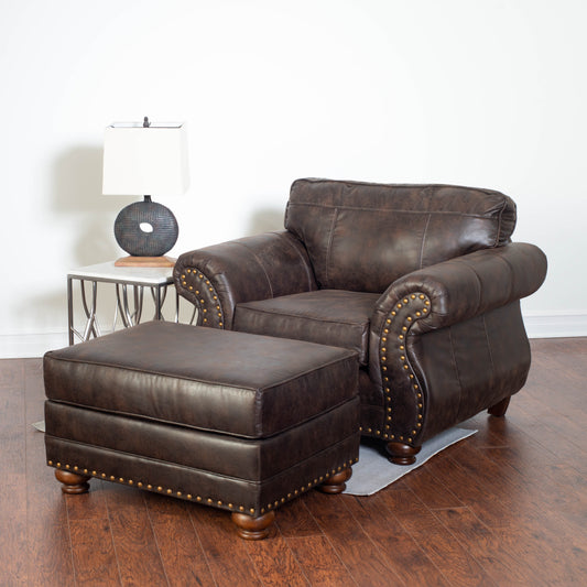Leinster Faux Leather Upholstered Nailhead Chair and Ottoman in Espresso