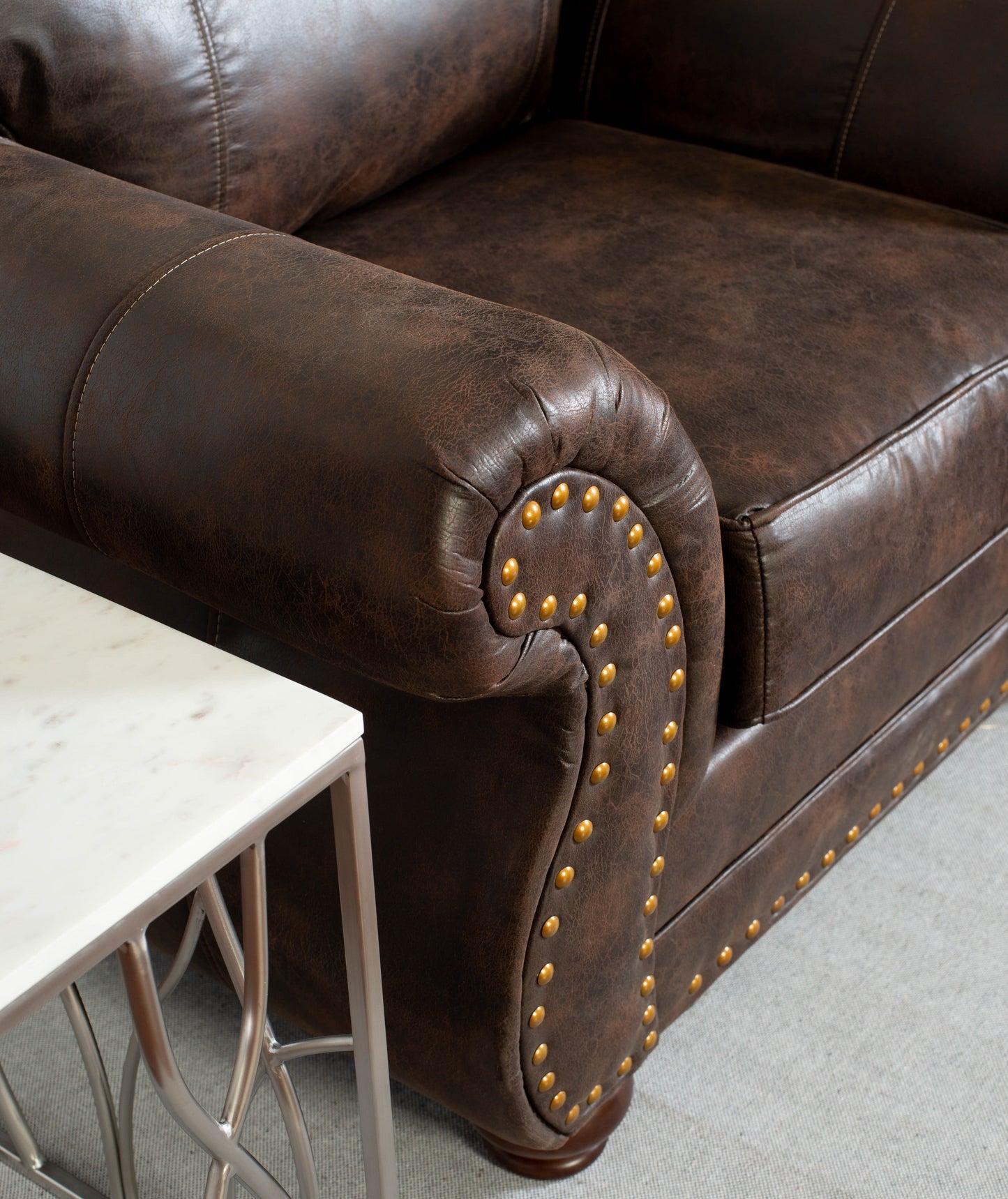 Leinster Faux Leather Upholstered Nailhead Chair and Ottoman in Espresso