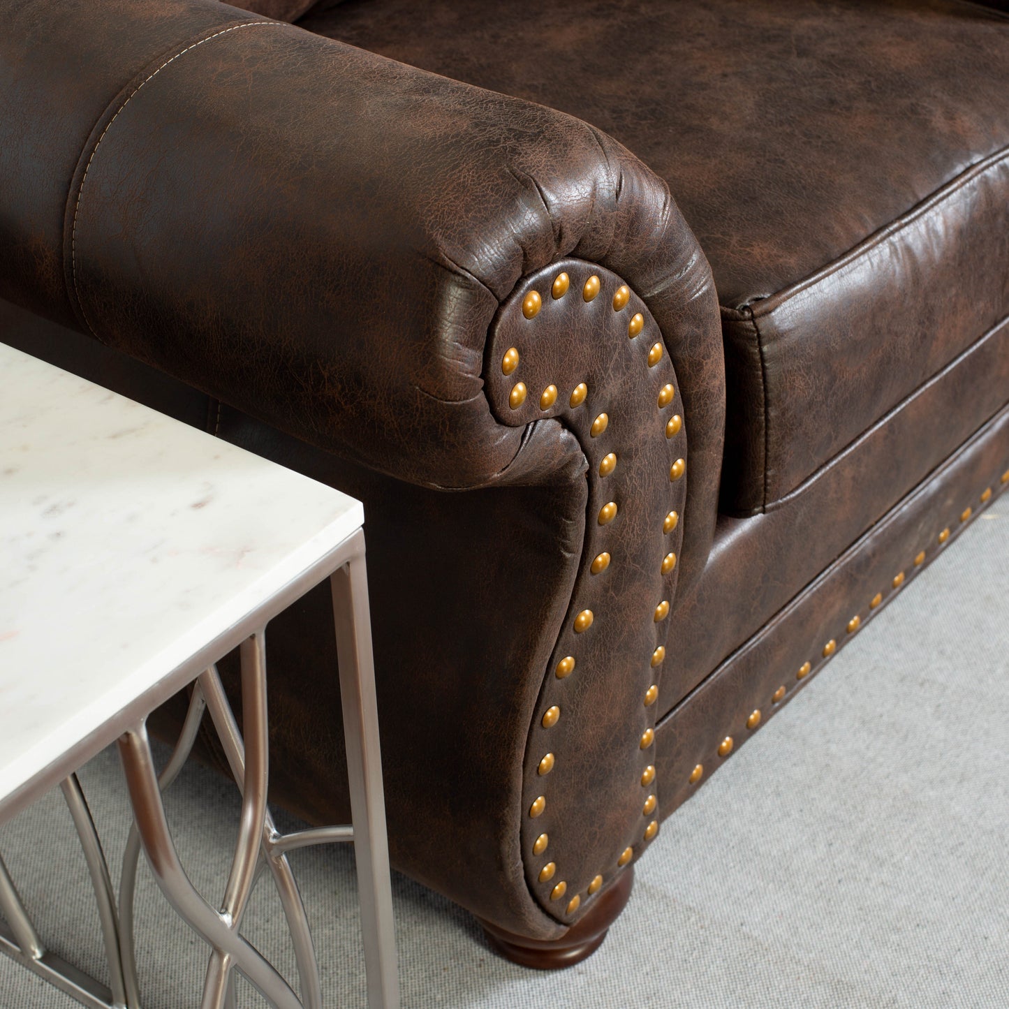 Leinster Faux Leather Upholstered Nailhead Chair and Ottoman in Espresso