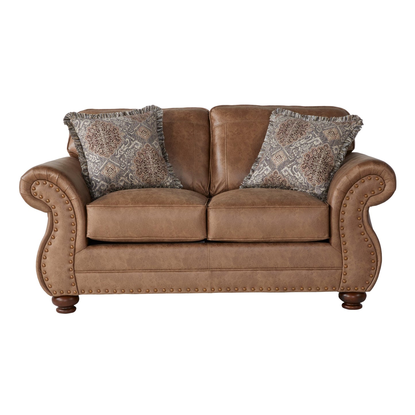 Leinster Faux Leather Loveseat with Antique Bronze Nailheads in Jetson Ginger