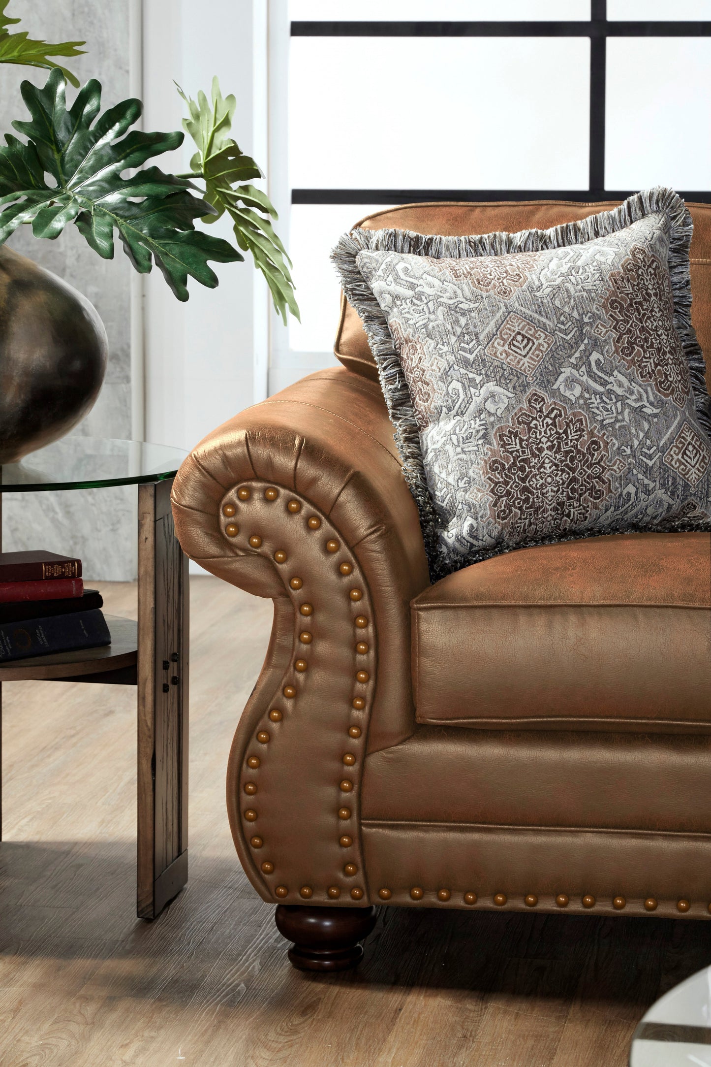 Leinster Faux Leather Living Room Collection with Antique Bronze Nailheads in Jetson Ginger