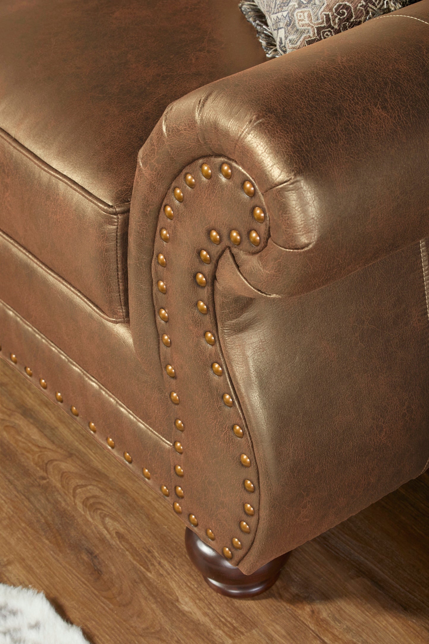 Leinster Faux Leather Living Room Collection with Antique Bronze Nailheads in Jetson Ginger