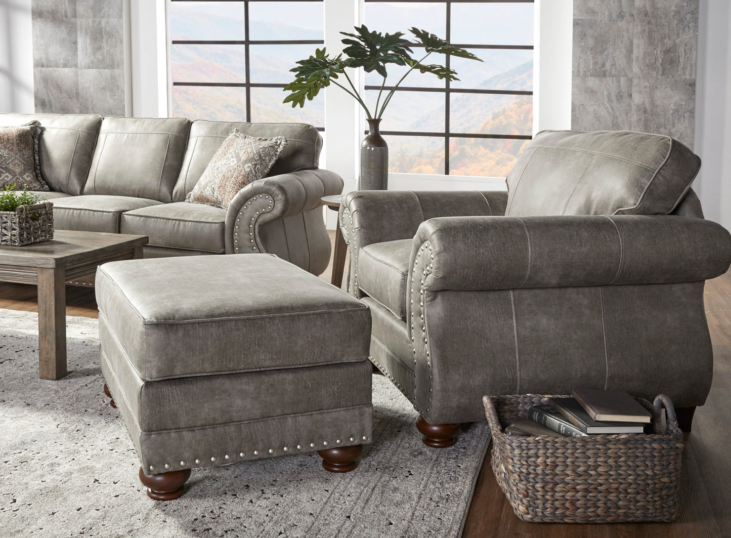 Leinster Faux Leather Upholstered Nailhead Living Room Collection in Stone Gray