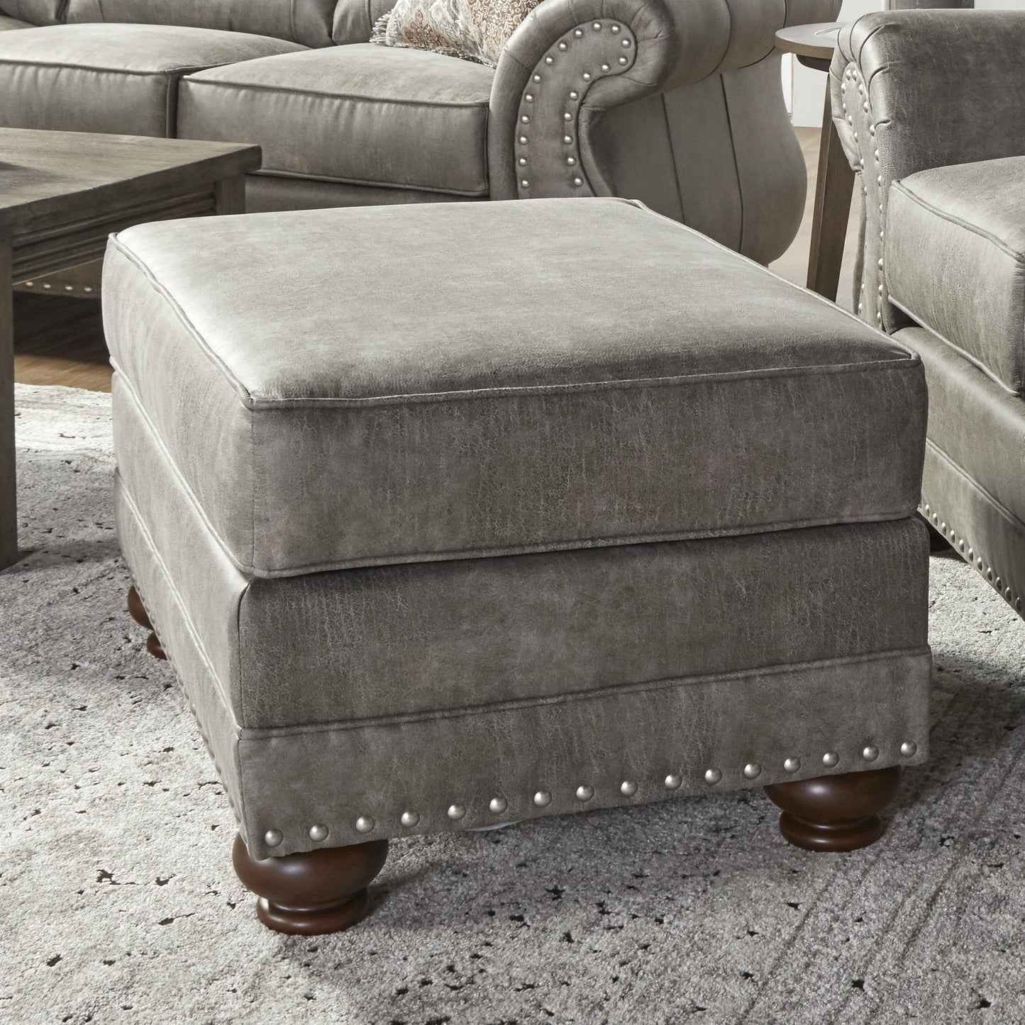 Leinster Faux Leather Upholstered Nailhead Living Room Collection in Stone Gray