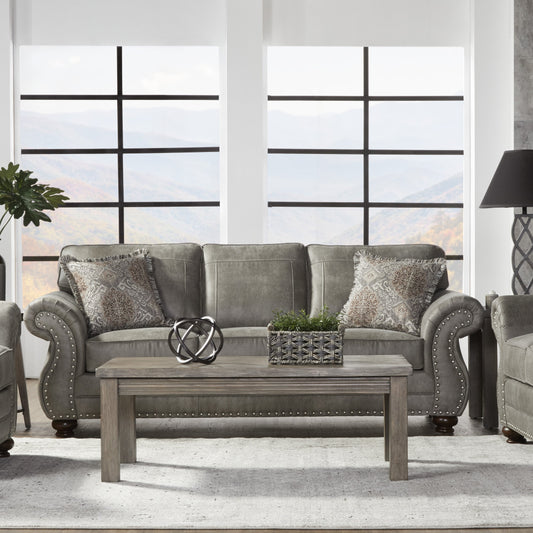 Leinster Faux Leather Upholstered Nailhead Sofa in Stone Gray