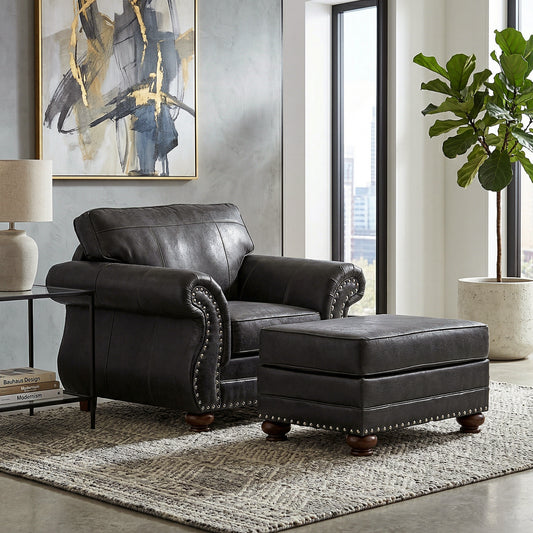 Roundhill Furniture Leinster 2-Piece Living Room Set, Chair and Ottoman, Black