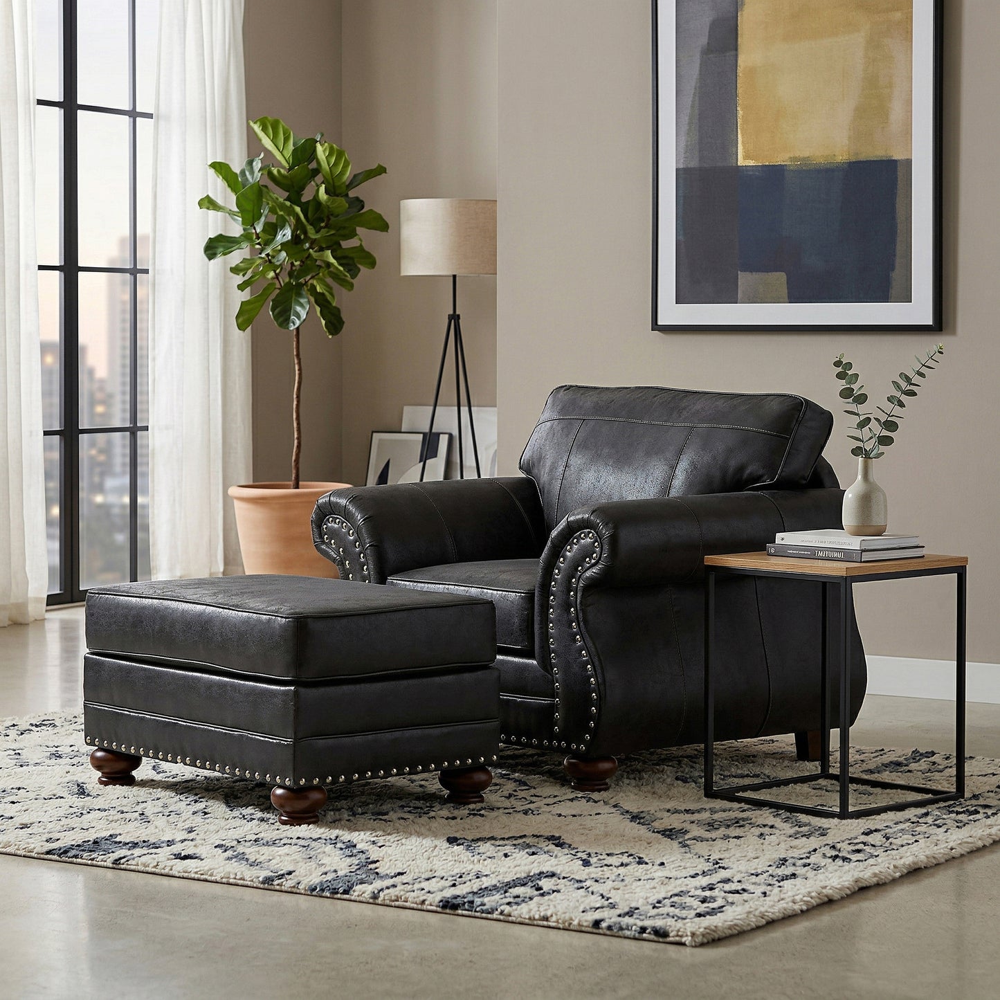 Roundhill Furniture Leinster 2-Piece Living Room Set, Chair and Ottoman, Black