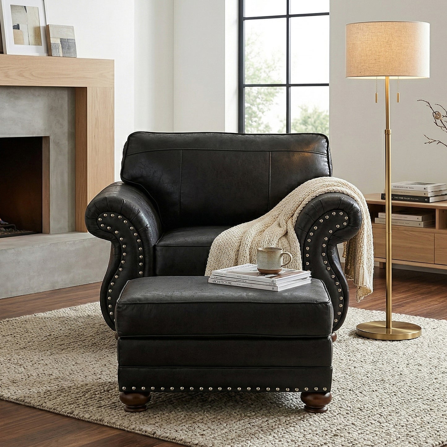 Roundhill Furniture Leinster 2-Piece Living Room Set, Chair and Ottoman, Black