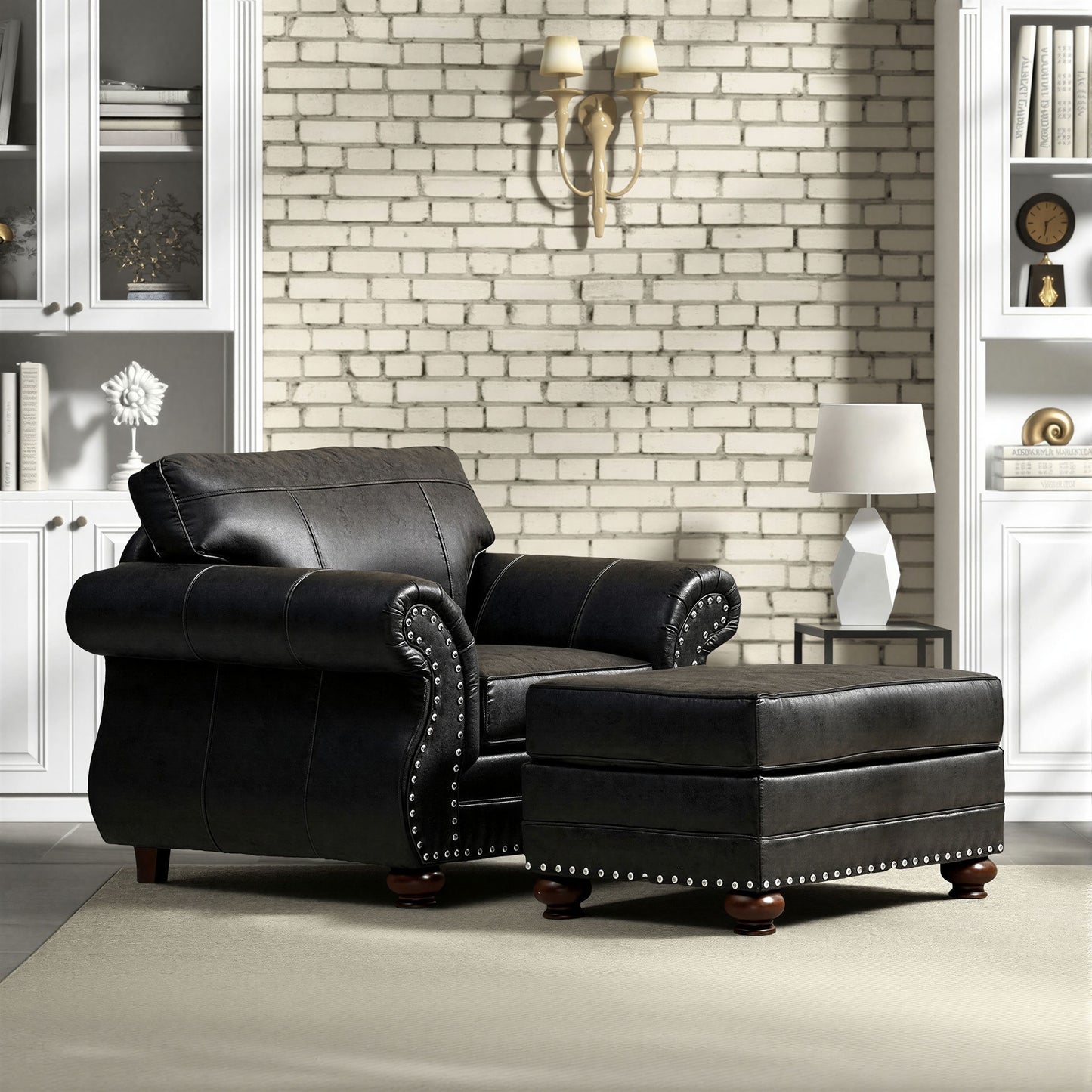Roundhill Furniture Leinster 2-Piece Living Room Set, Chair and Ottoman, Black