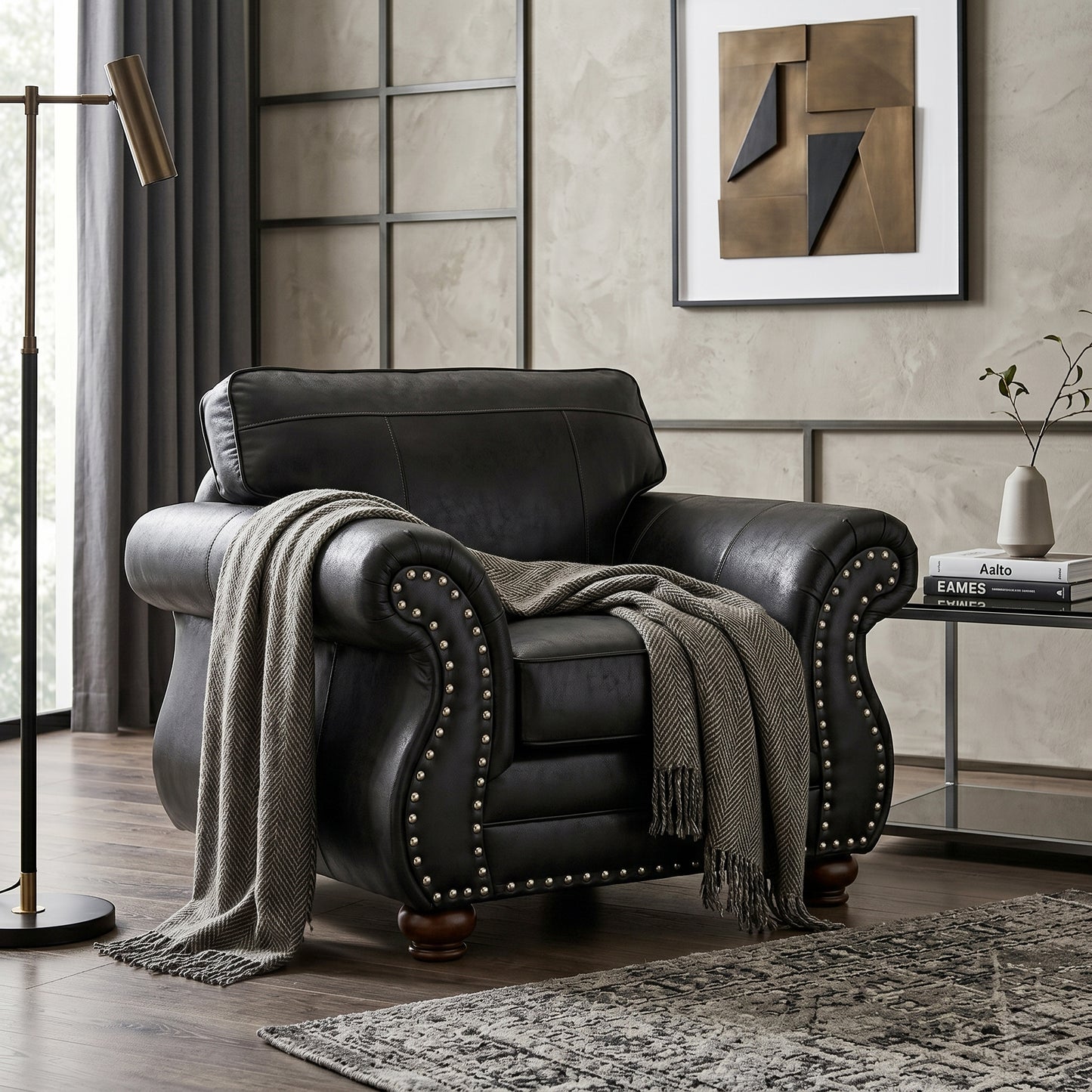 Roundhill Furniture Leinster 2-Piece Living Room Set, Chair and Ottoman, Black