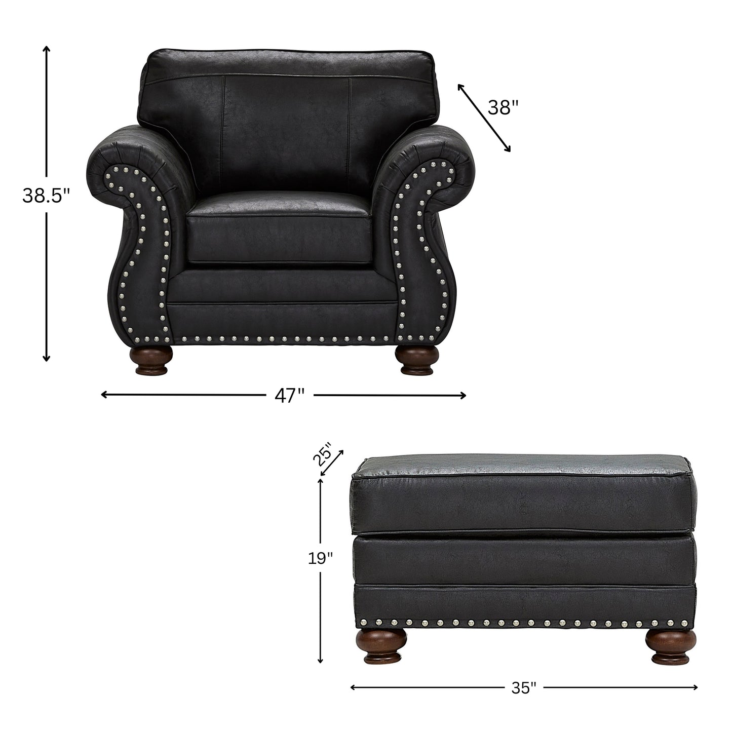 Roundhill Furniture Leinster 2-Piece Living Room Set, Chair and Ottoman, Black