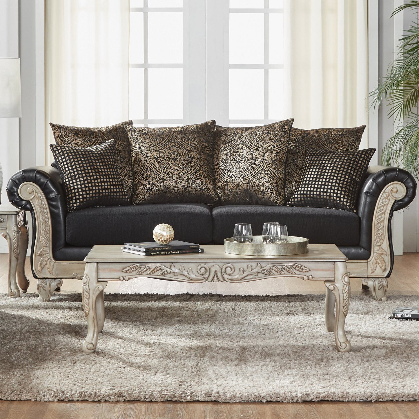 San Marino Wood Frame Faux Leather Sofa in Ebony