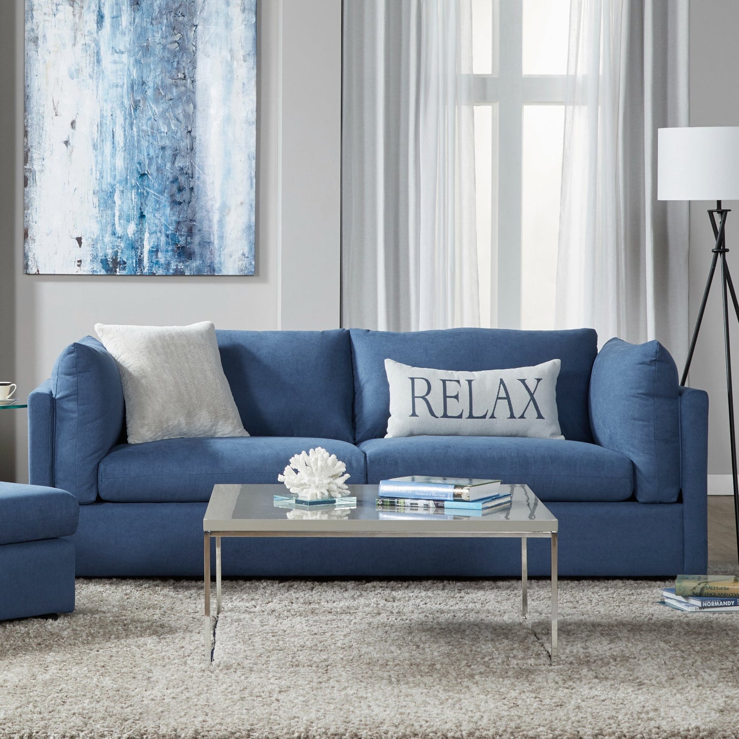 Roundhill Furniture Enda Pillow Back Fabric Sofa and Cuddler Chair Living Room Collection, Image Navy