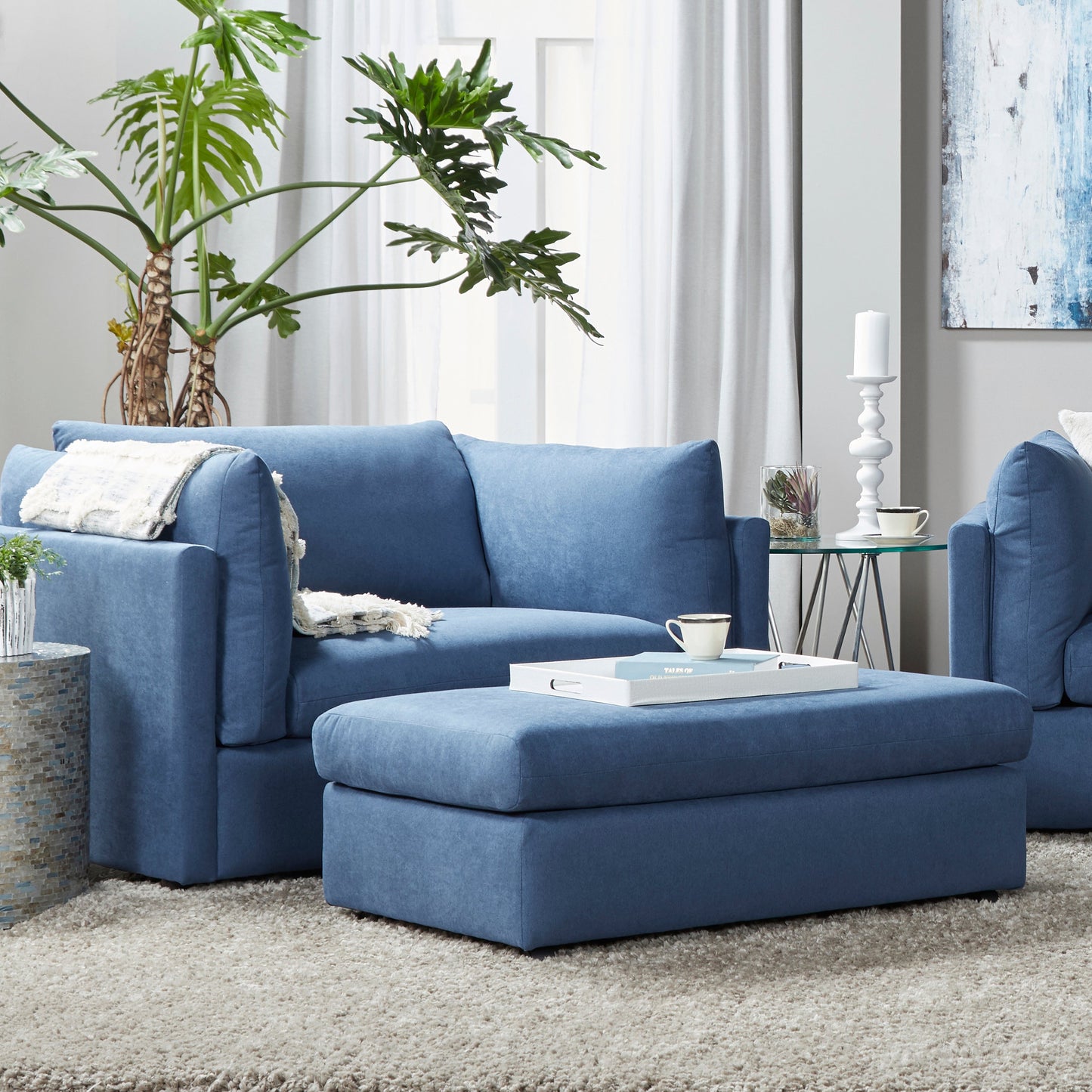 Roundhill Furniture Enda Pillow Back Fabric Sofa and Cuddler Chair Living Room Collection, Image Navy