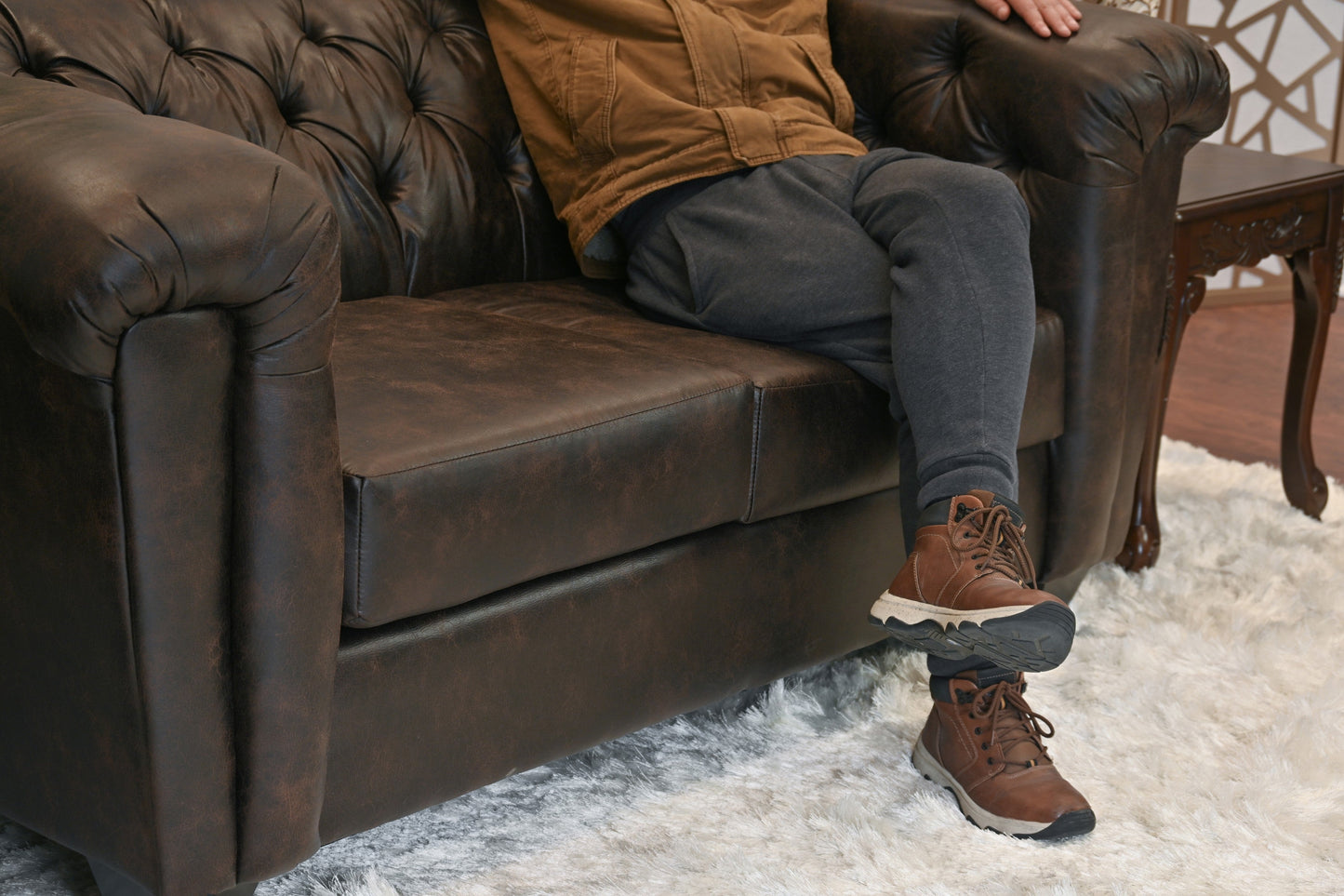 Horton Faux Leather Chesterfield Loveseat, Brownie