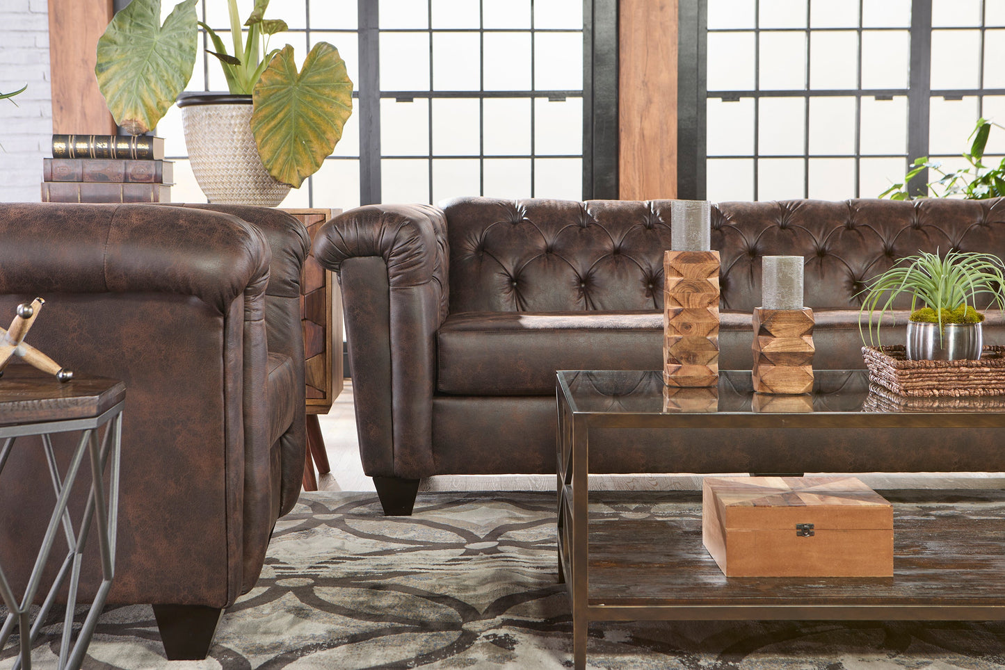 Horton Faux Leather Chesterfield Living Room Collection, Brownie
