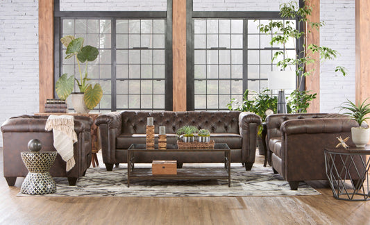 Horton Faux Leather Chesterfield Living Room Collection, Brownie