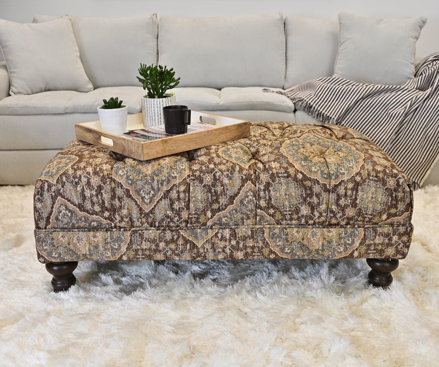 Roundhill Furniture Charbilia Fabric Tufted Cocktail Ottoman in Tapestry Ocean Cliff