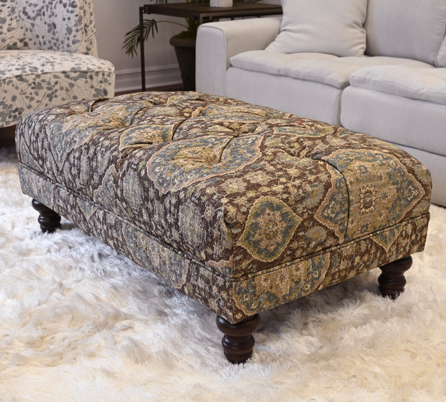 Roundhill Furniture Charbilia Fabric Tufted Cocktail Ottoman in Tapestry Ocean Cliff