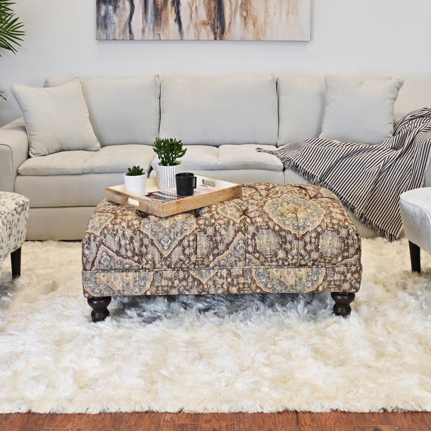 Roundhill Furniture Charbilia Fabric Tufted Cocktail Ottoman in Tapestry Ocean Cliff