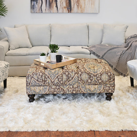 Roundhill Furniture Charbilia Fabric Tufted Cocktail Ottoman in Tapestry Ocean Cliff