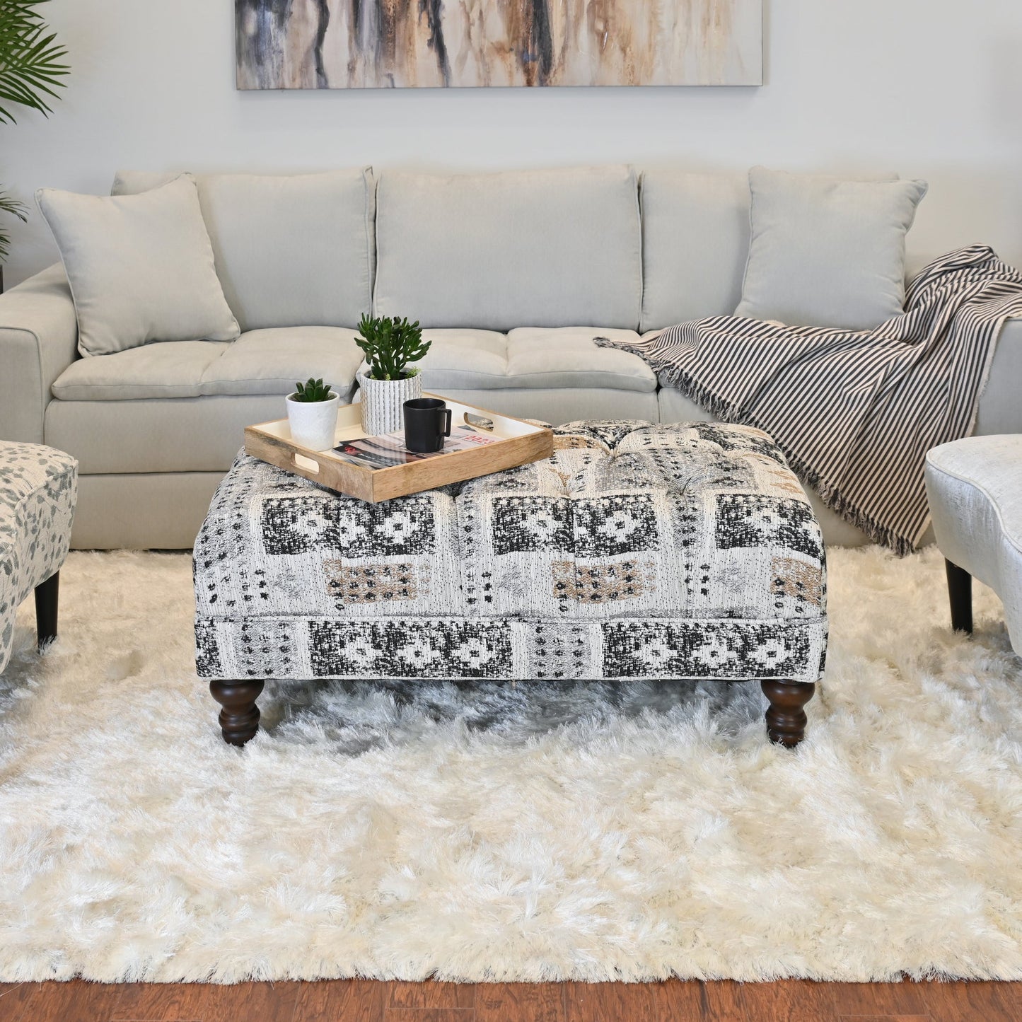 Roundhill Furniture Charbilia Fabric Tufted Cocktail Ottoman in Tupper Onyx