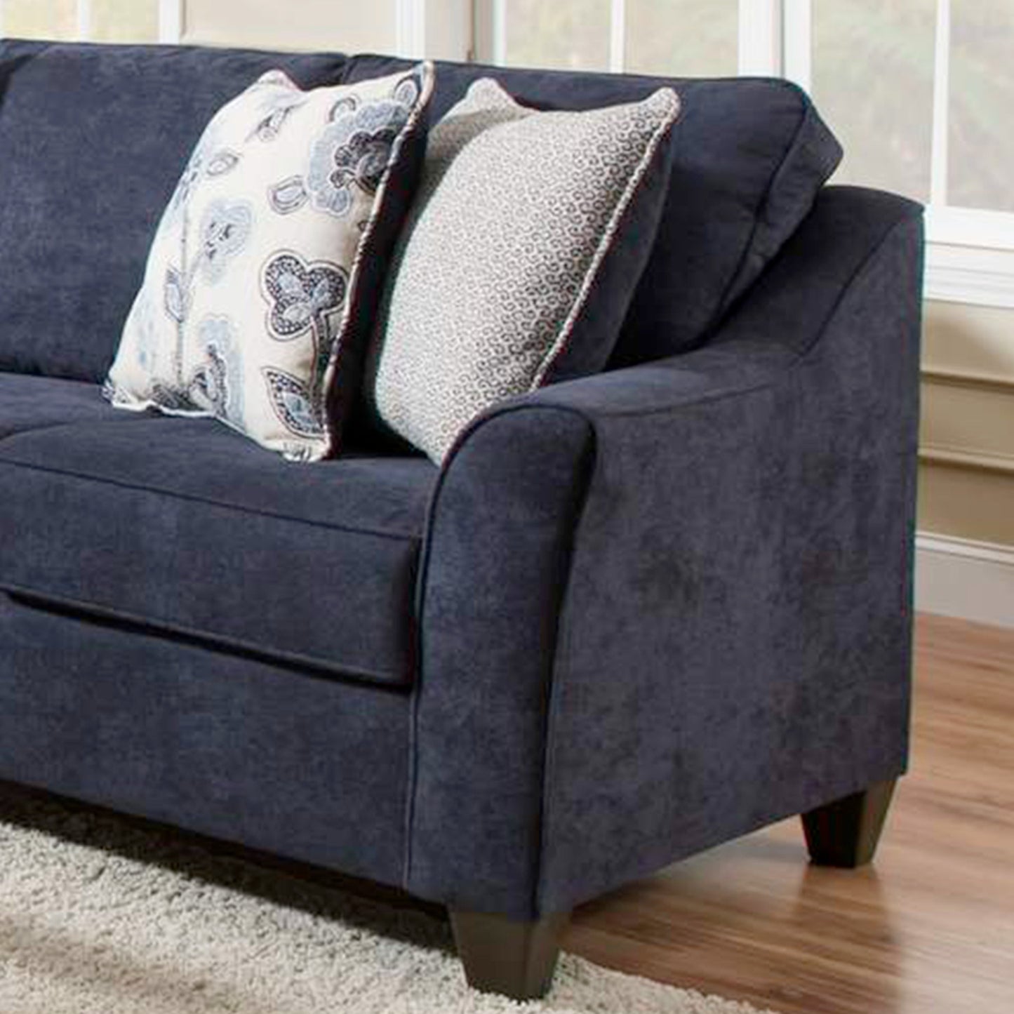 Alva Transitional Style Fabric Flared Arm Sofa, Navy