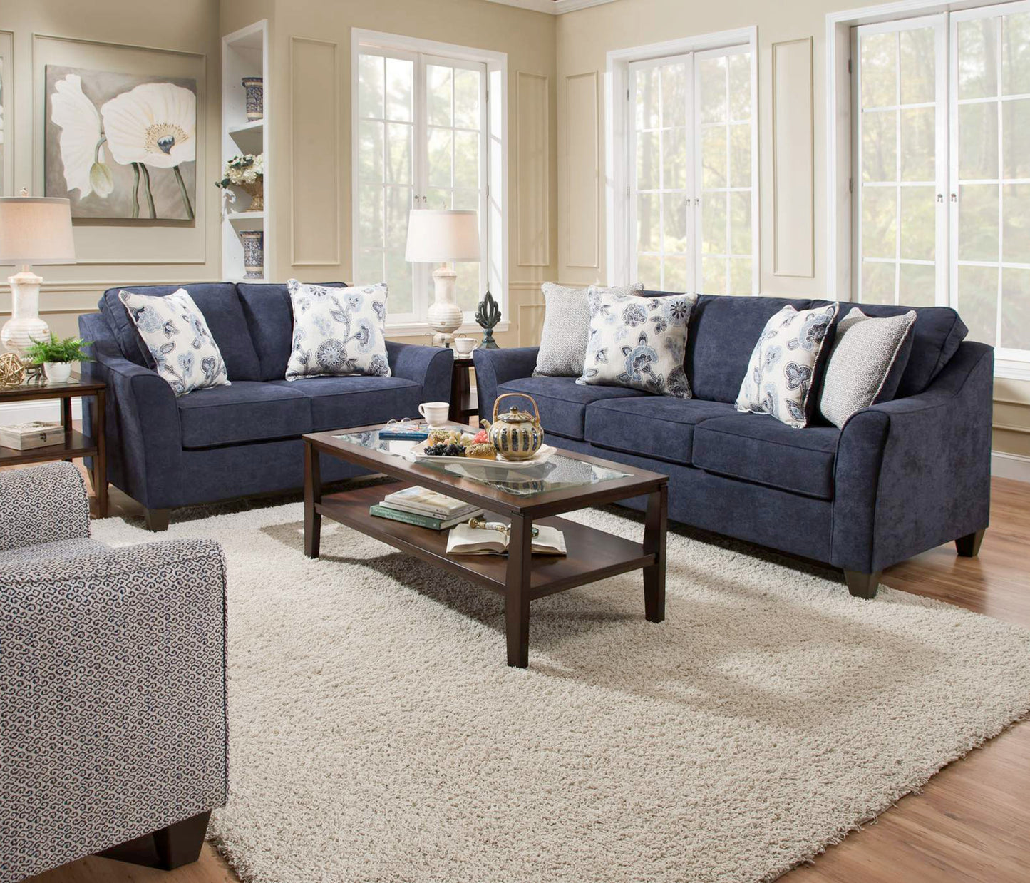 Alva Transitional Style Fabric Flared Arm Living Room Collection, Navy