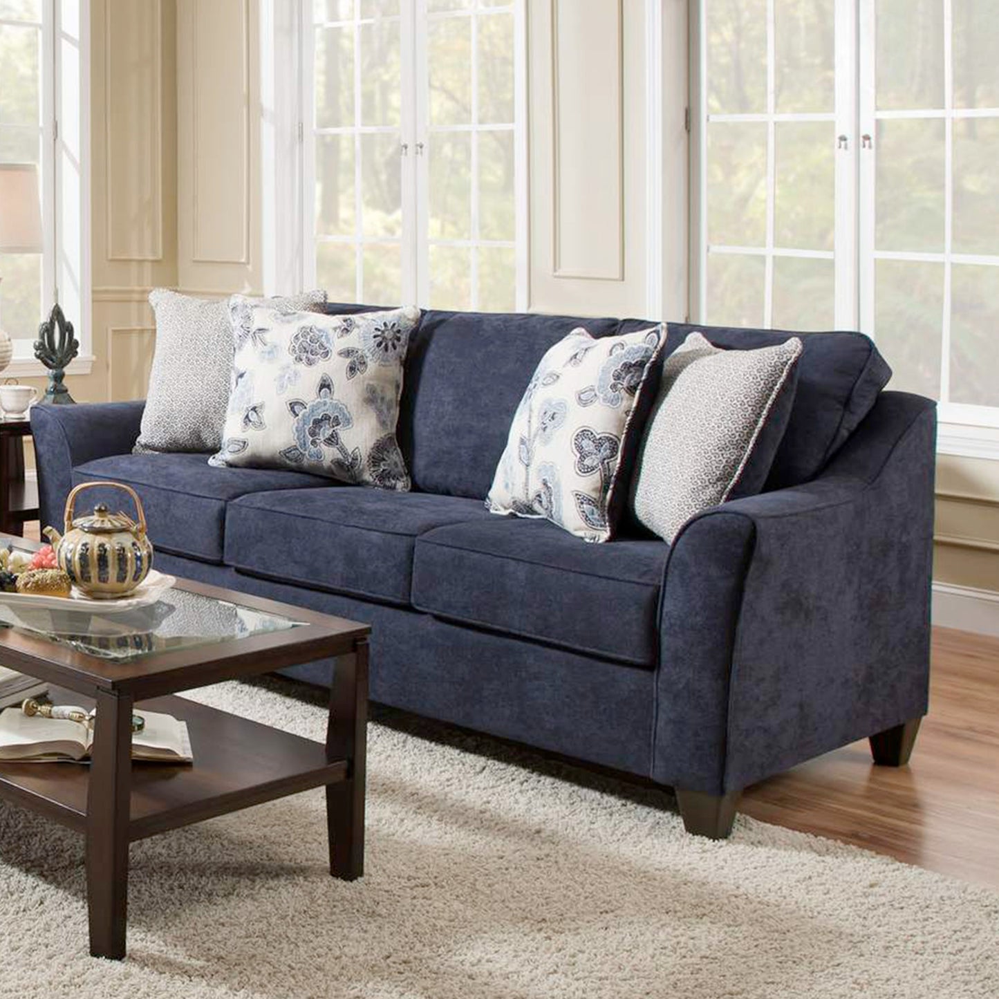 Alva Transitional Style Fabric Flared Arm Living Room Collection, Navy