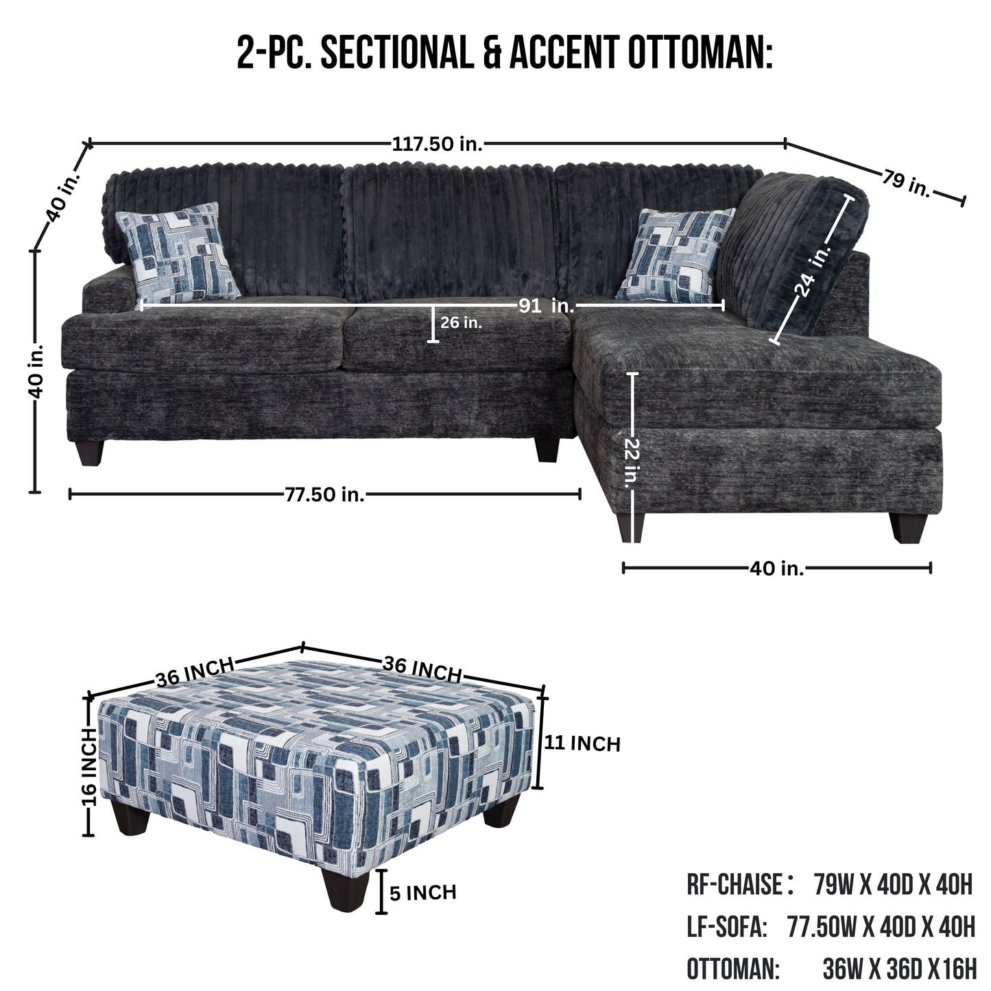 Nexus 2-PC Living Room Set, L-shape Sectional and Accent Ottoman