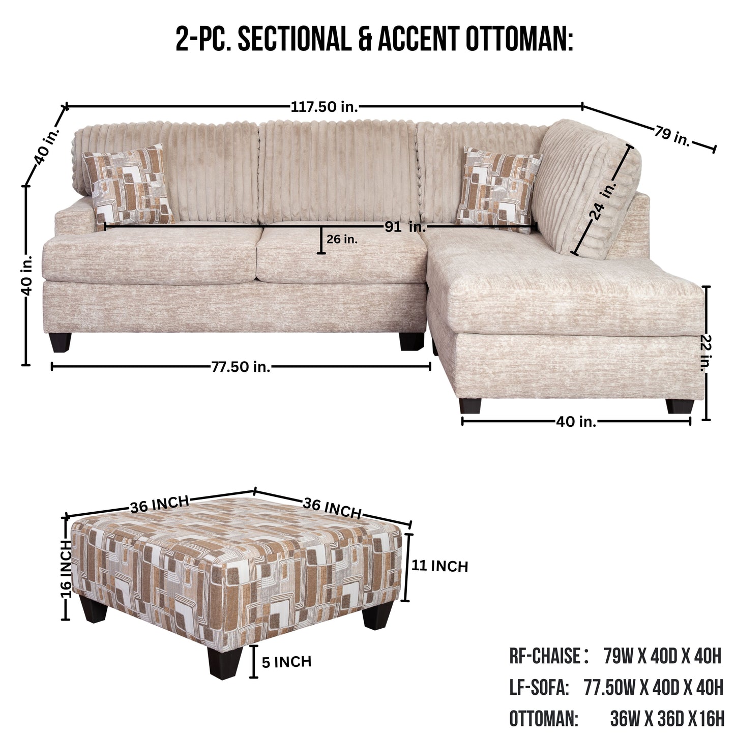 Nexus 2-PC Living Room Set, L-shape Sectional and Accent Ottoman