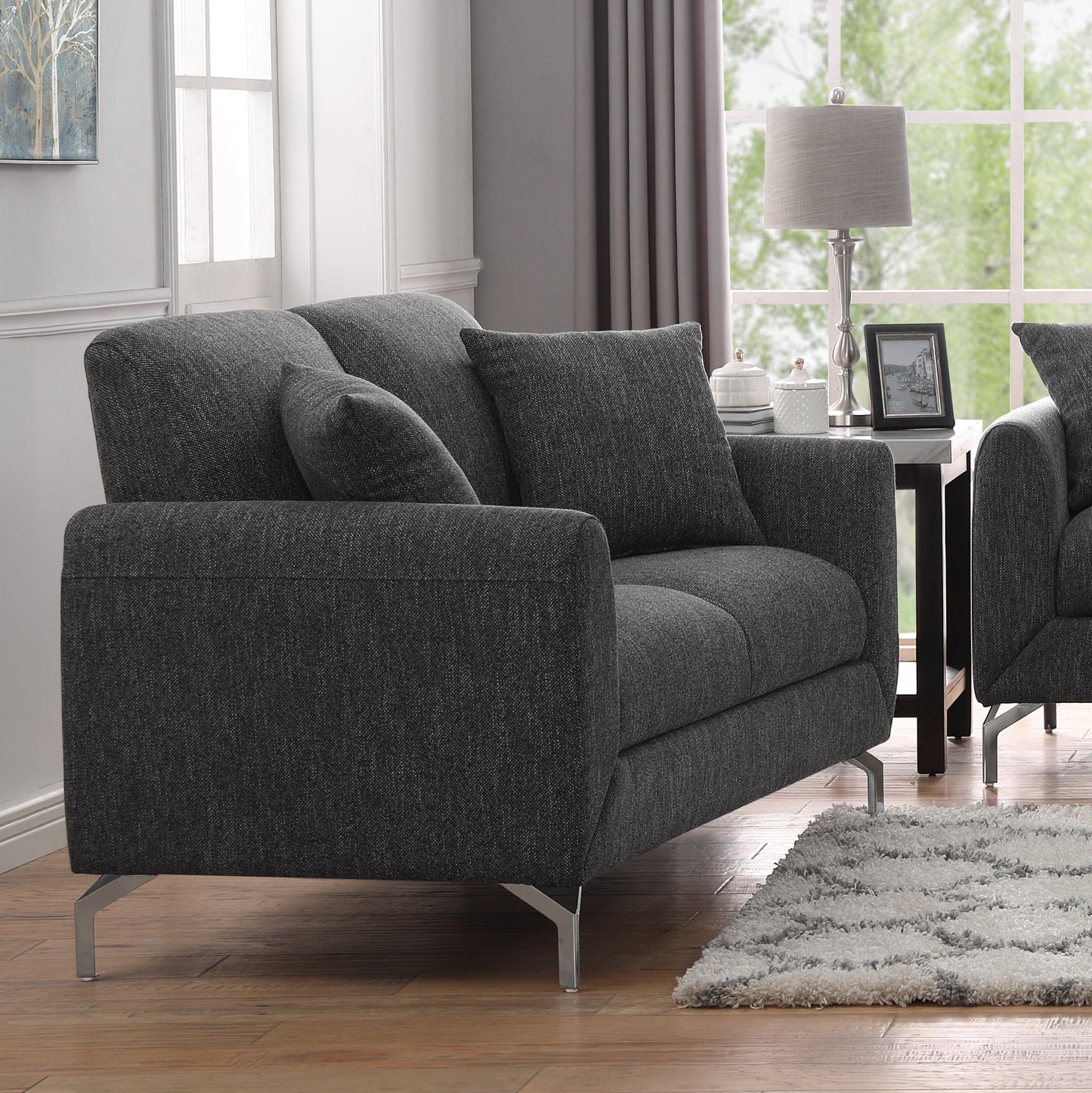 Noreen Contemporary Gray Fabric Rounded Arm Loveseat